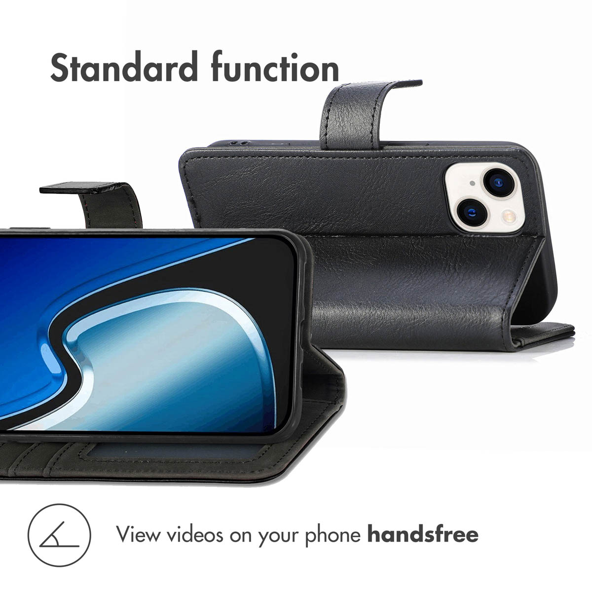 Black leather phone case folded into a stand to watch videos hands-free.