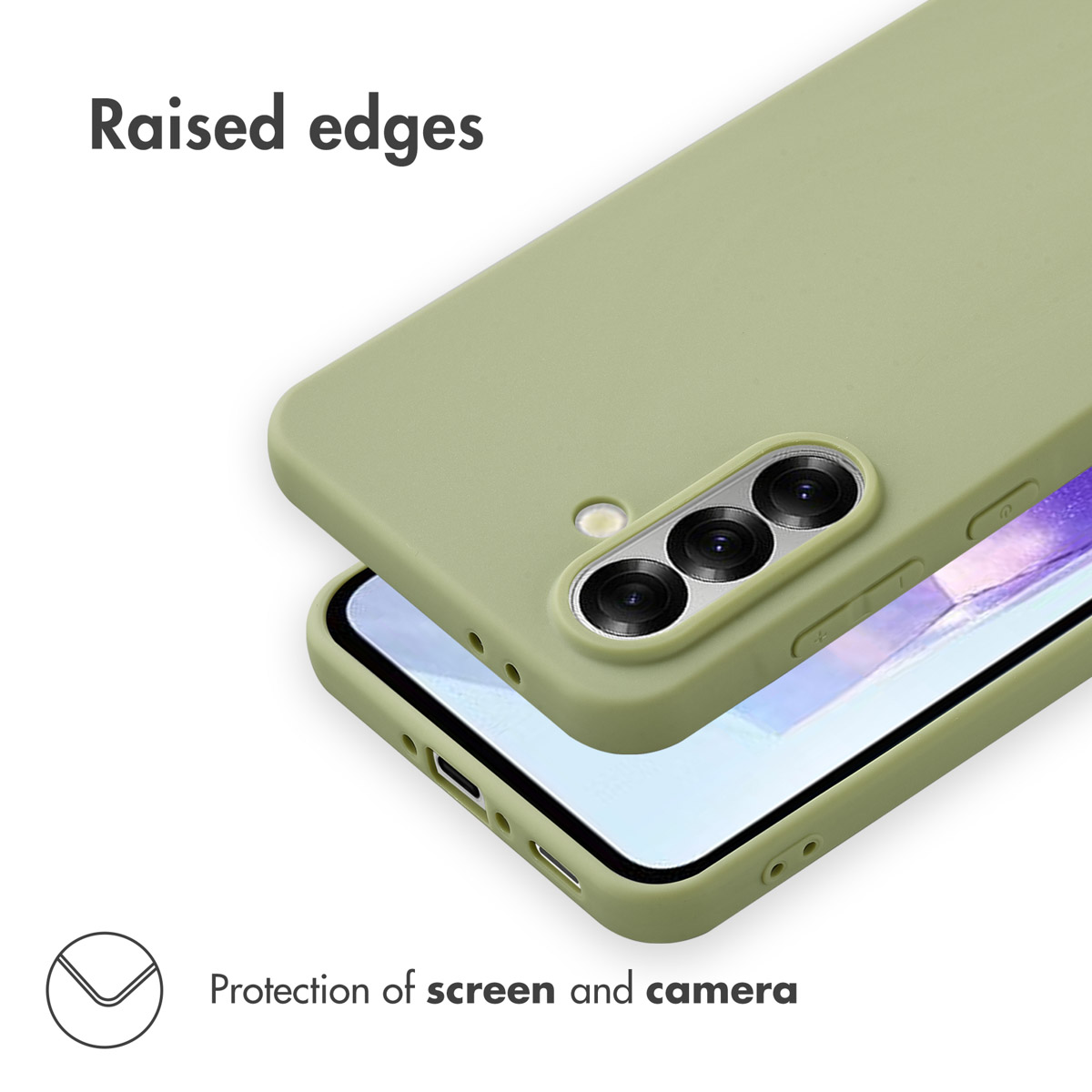 Custodia verde per telefono con bordi rialzati che proteggono schermo e fotocamera.