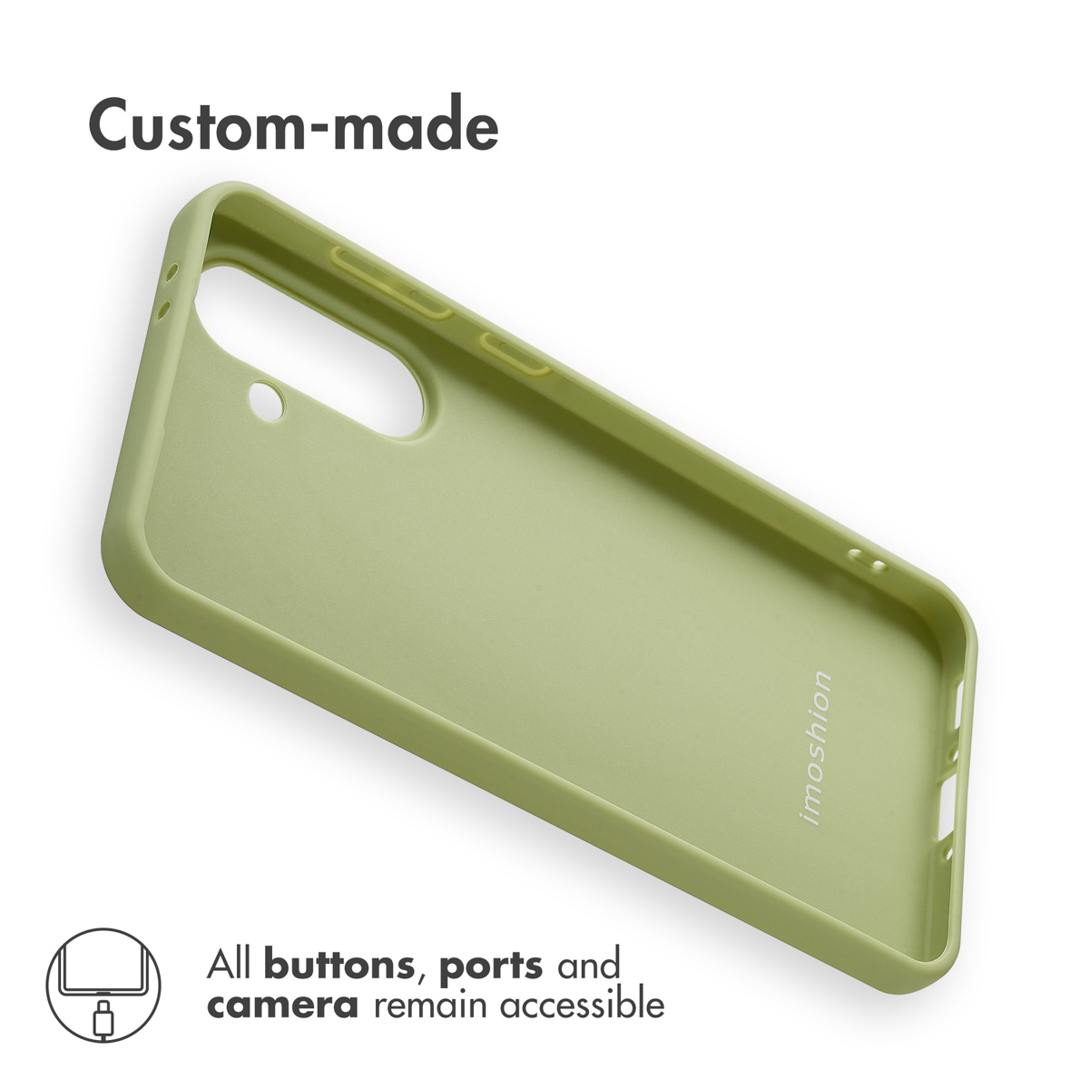 Una cover per smartphone verde oliva opaco su sfondo bianco con testo.