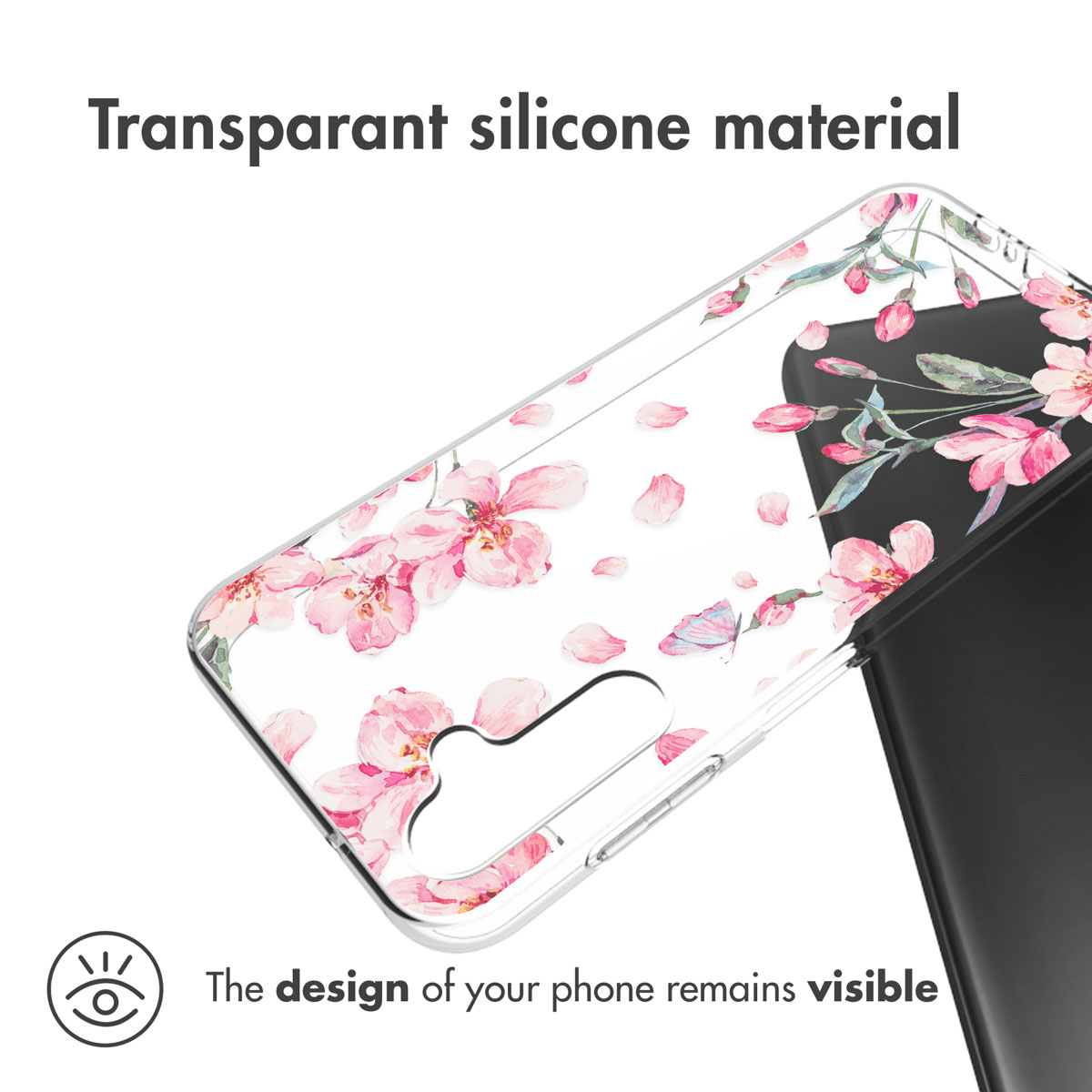 Transparant siliconen telefoonhoesje met roze bloemen en vallende blaadjes op een zwarte smartphone.