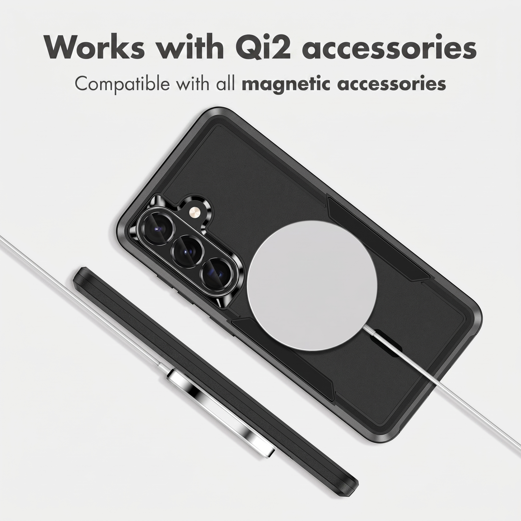 A black phone case with a magnetic charging puck attached on the back, and text above reading Works with Qi2 accessories.
