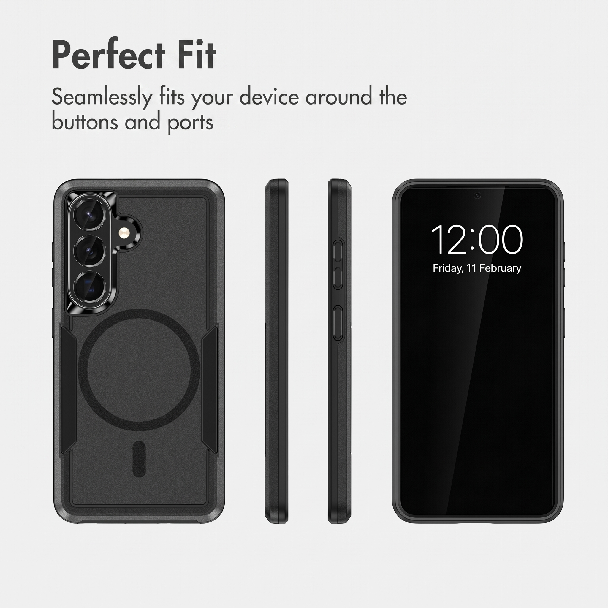 Black protective smartphone case shown from different angles with buttons and display.