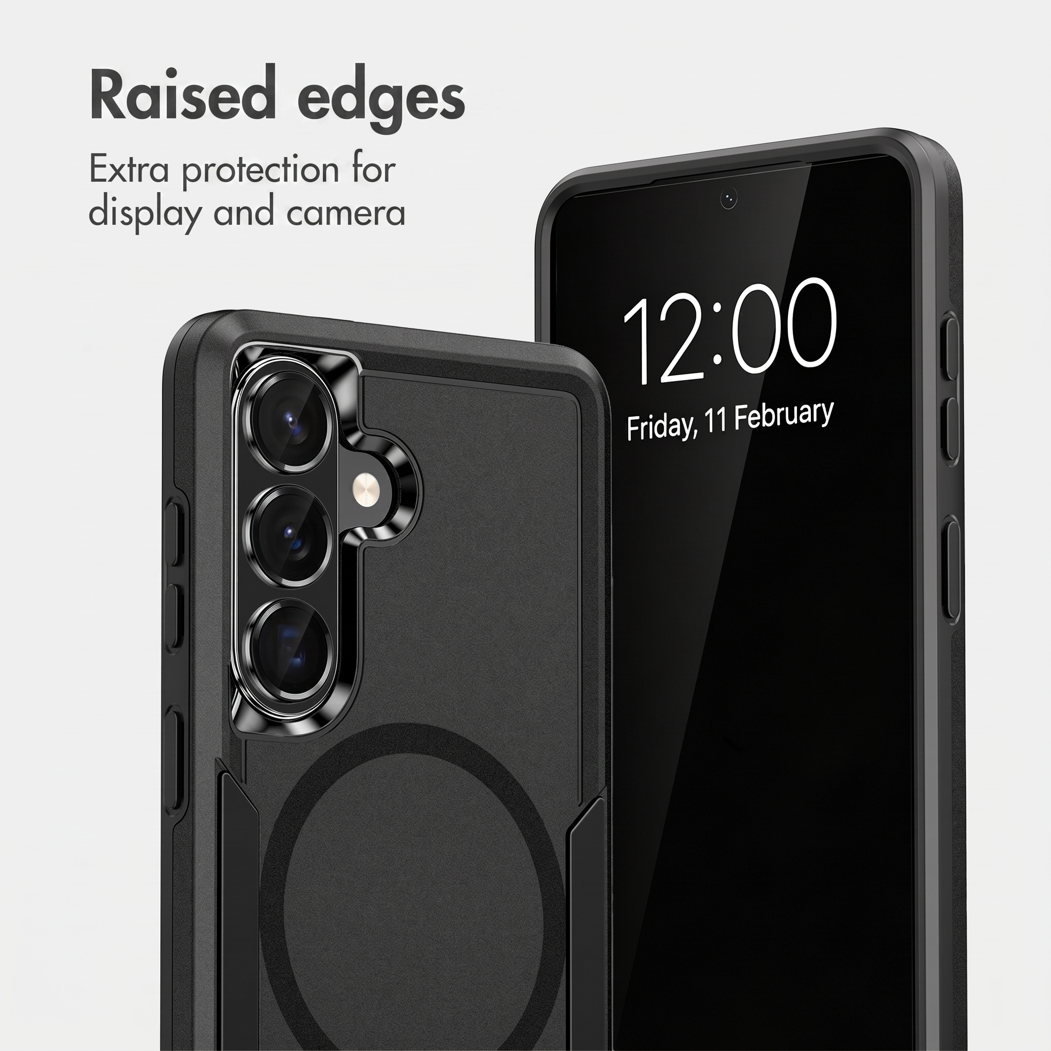 A black smartphone in a protective case with raised edges, showing text about display and camera protection.