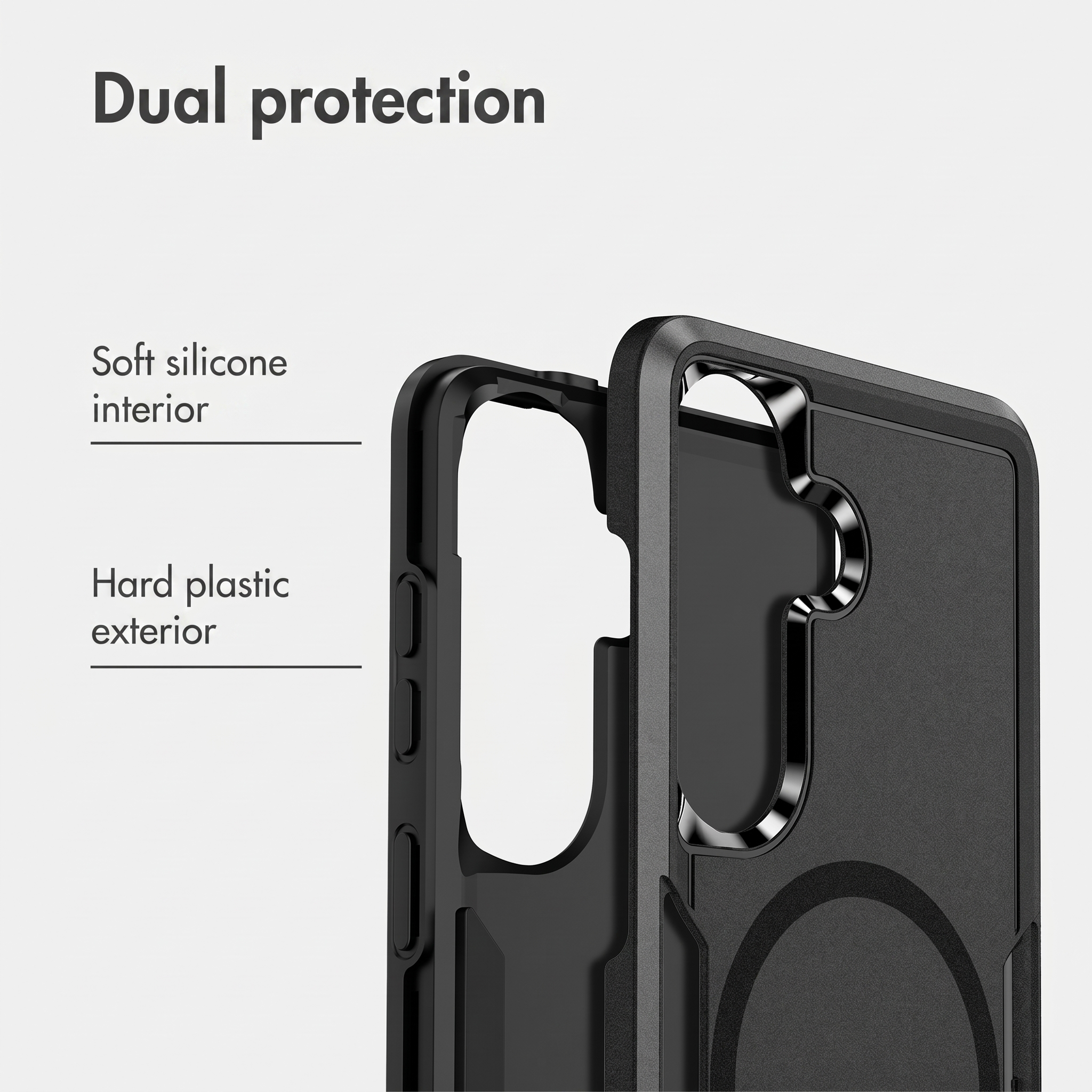 Dual protection with a soft silicone interior and hard plastic exterior for a smartphone case.