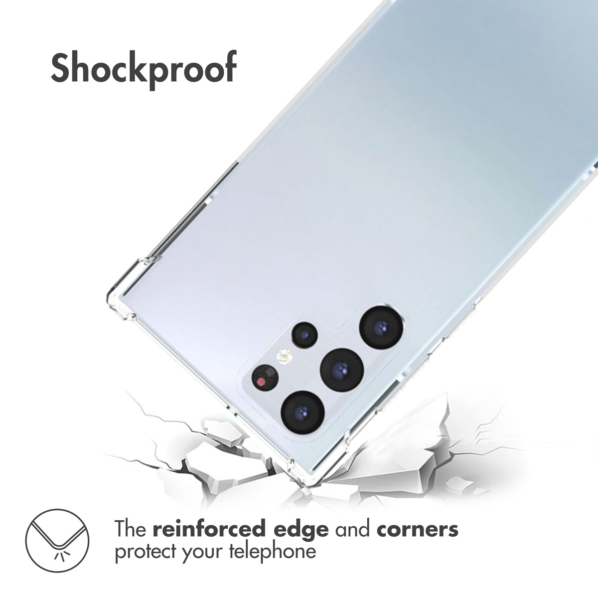 Un smartphone dans une coque transparente sur fond blanc brisé, montrant des coins antichocs.