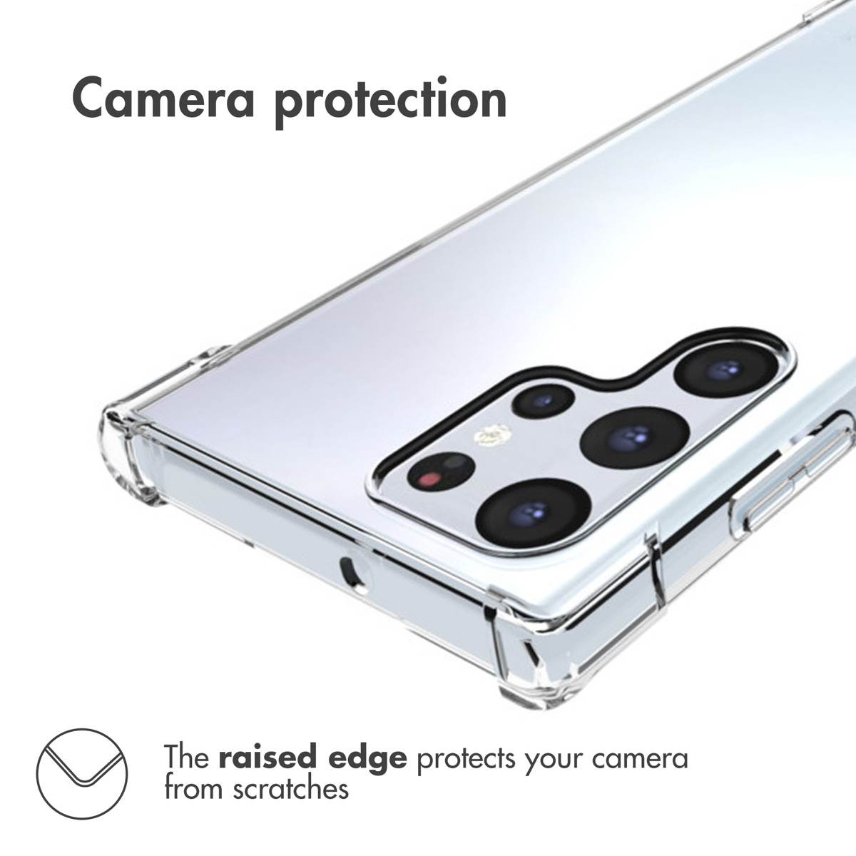 Coque de téléphone transparente avec bord surélevé pour protéger l'appareil photo sur fond blanc.