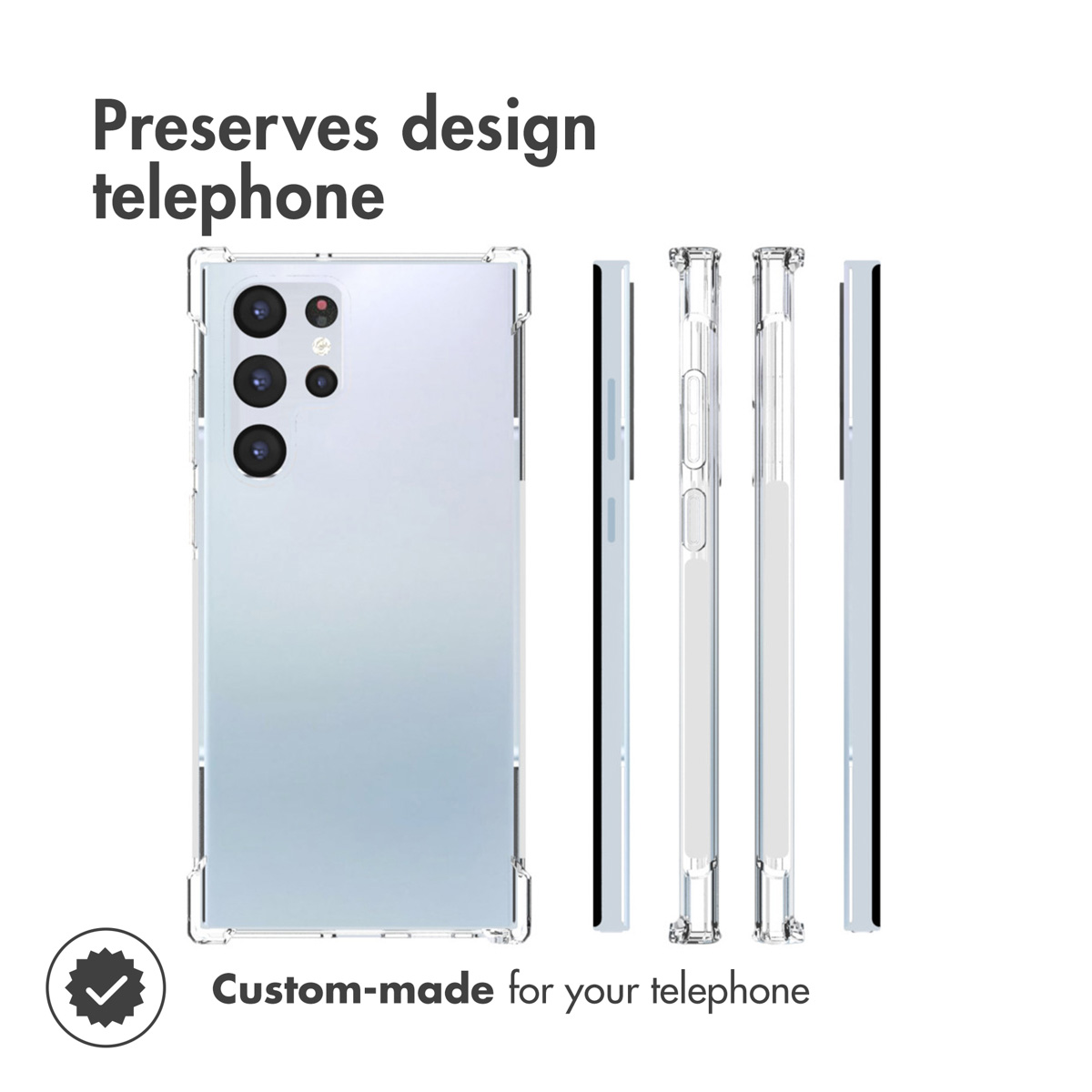Coque de protection transparente pour smartphone multi-caméras, sous plusieurs angles.