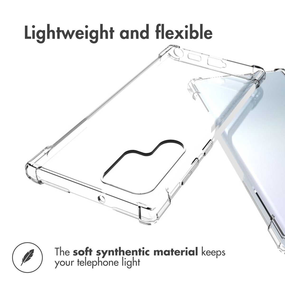 Une coque de téléphone transparente et souple avec des coins renforcés et du texte.
