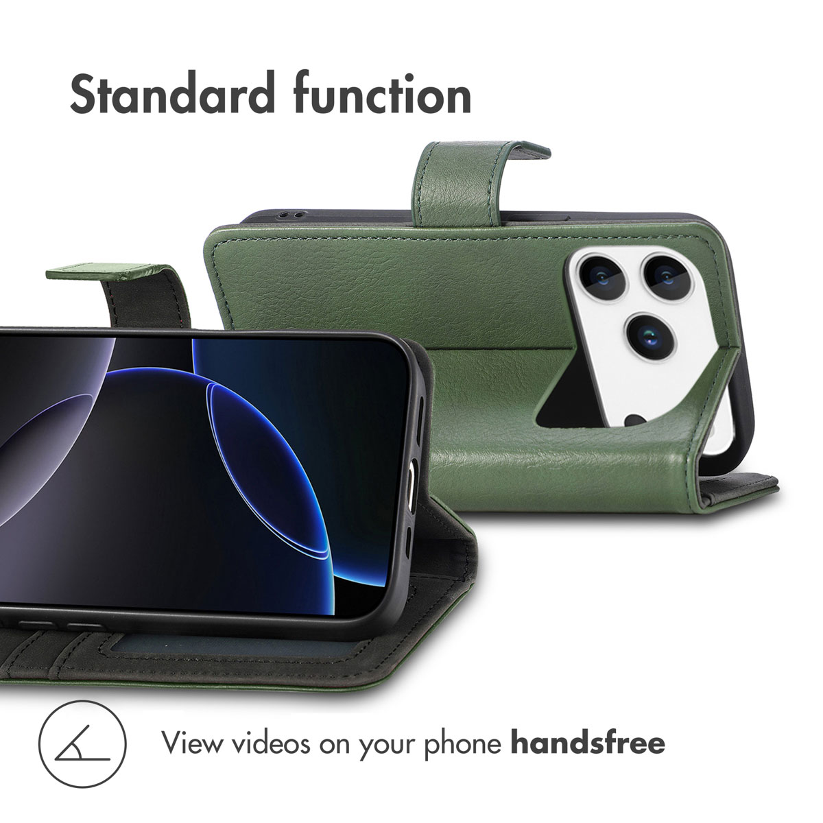 Étui de téléphone en cuir vert avec fonction support pour les vidéos.