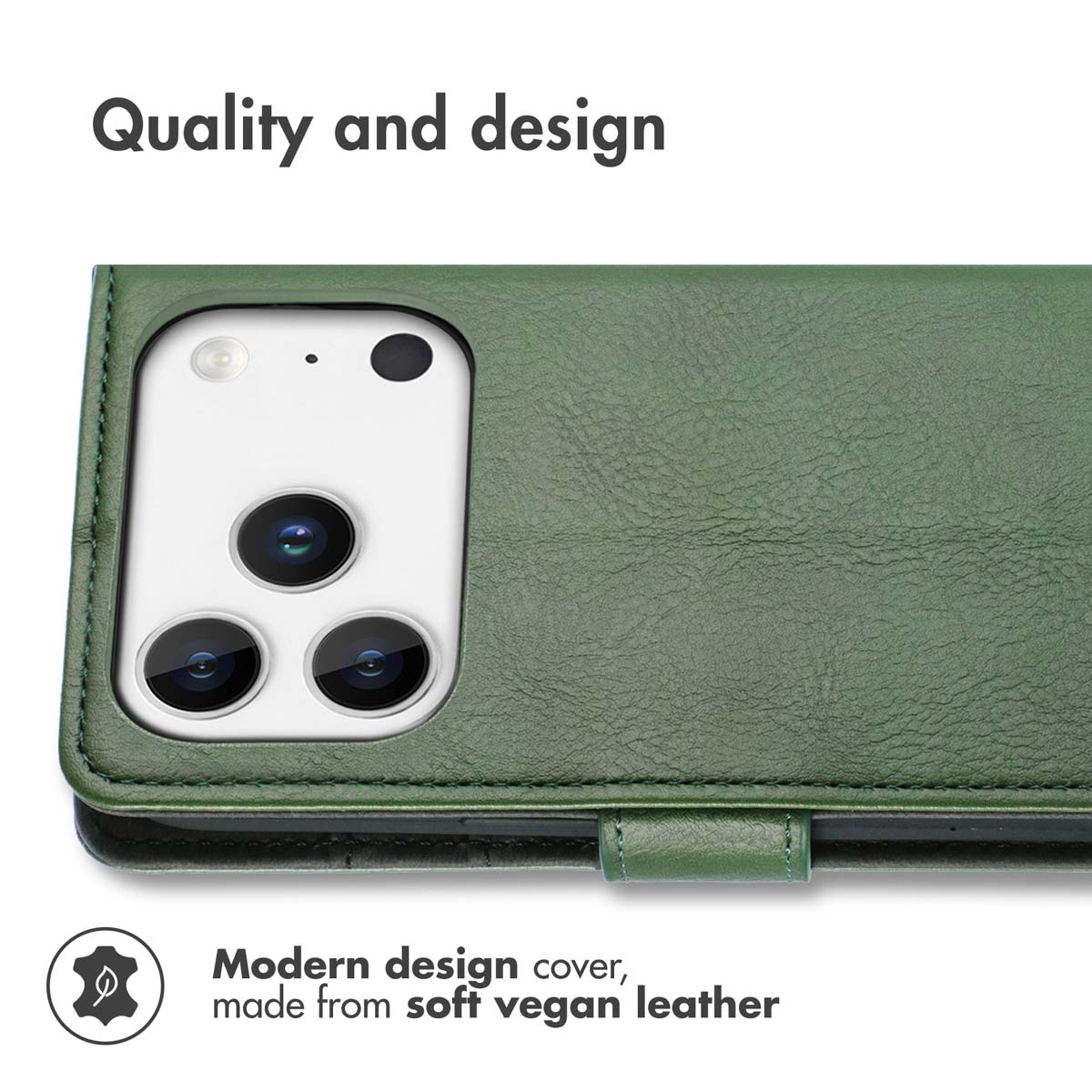 Coque de téléphone en cuir végétalien vert avec découpe pour appareil photo.