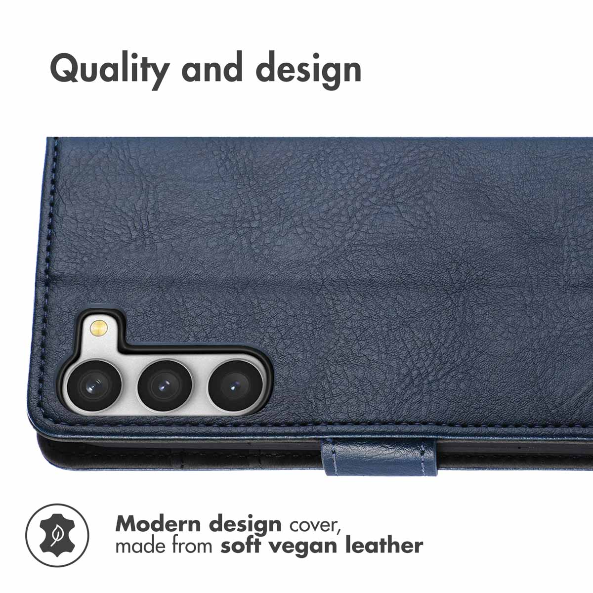 Coque de téléphone en cuir végétalien bleu avec découpe pour appareil photo.