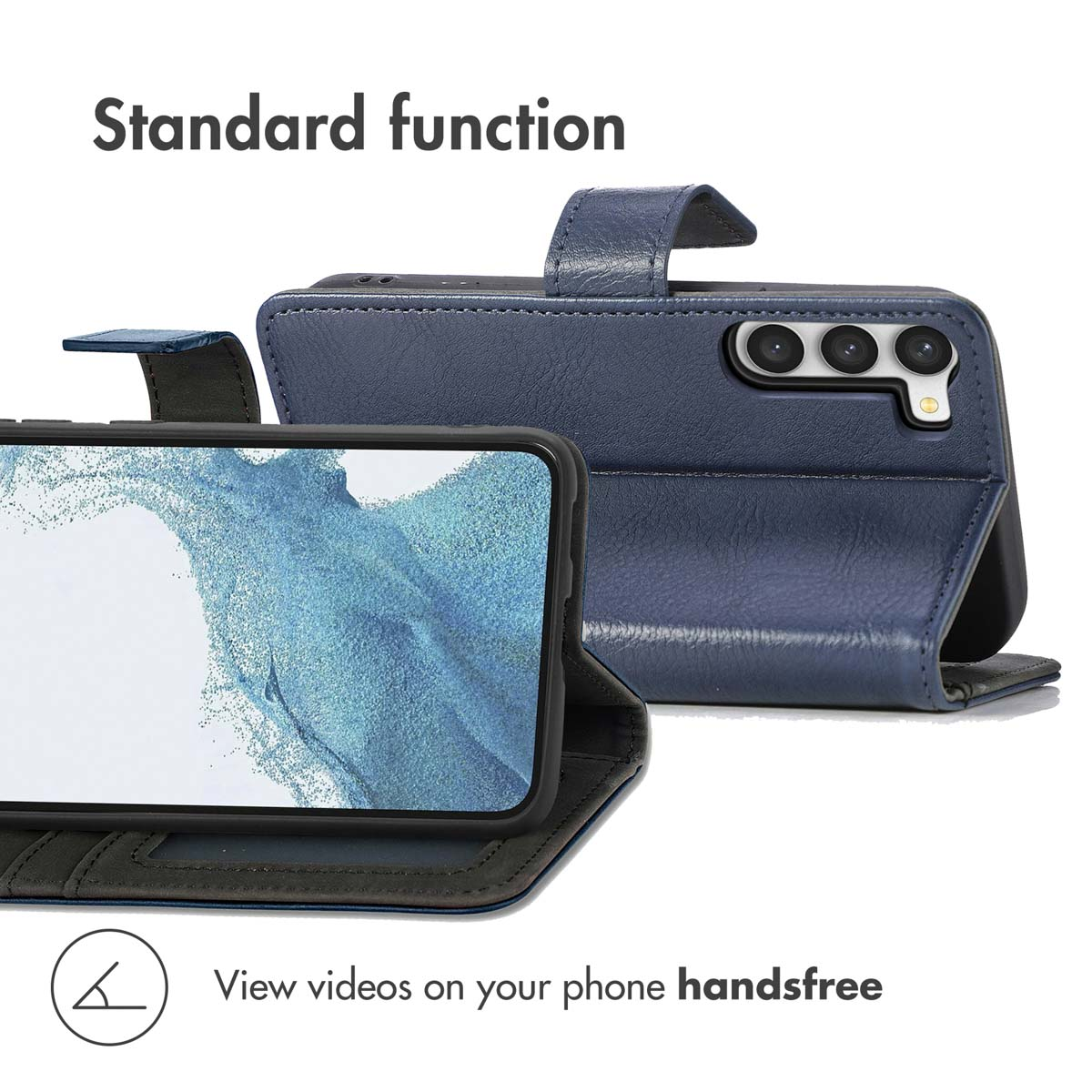 Étui de téléphone en cuir bleu servant de support pour regarder des vidéos les mains libres.
