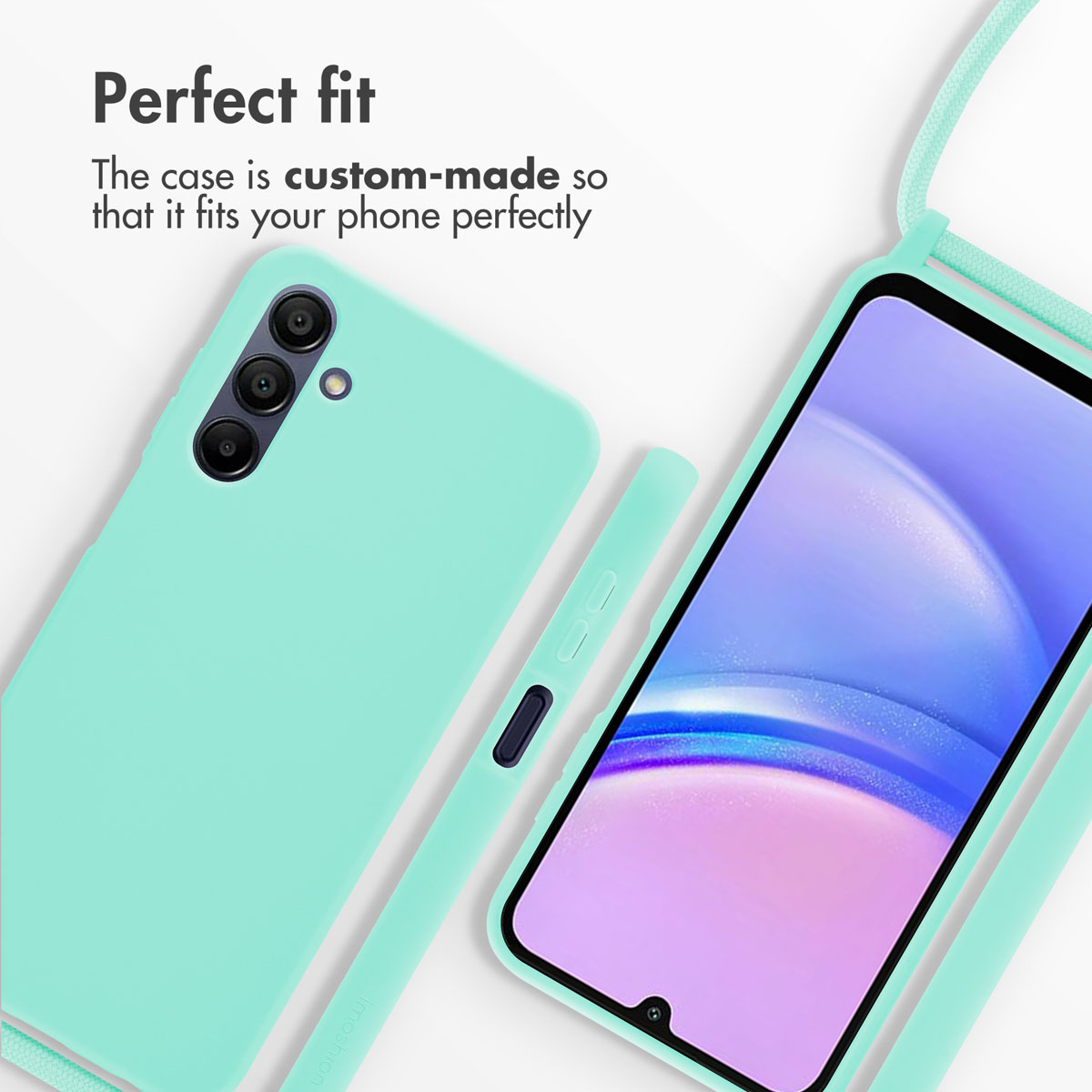 Custodia per telefono verde menta con cinturino, fotocamere e schermo, testo Perfect fit.