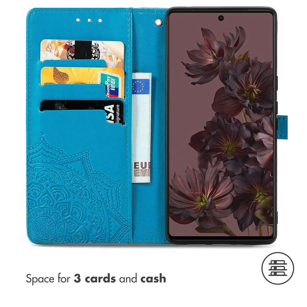 Custodia a portafoglio blu per smartphone con mandala impresso, tre fessure per carte, tasca e telefono.