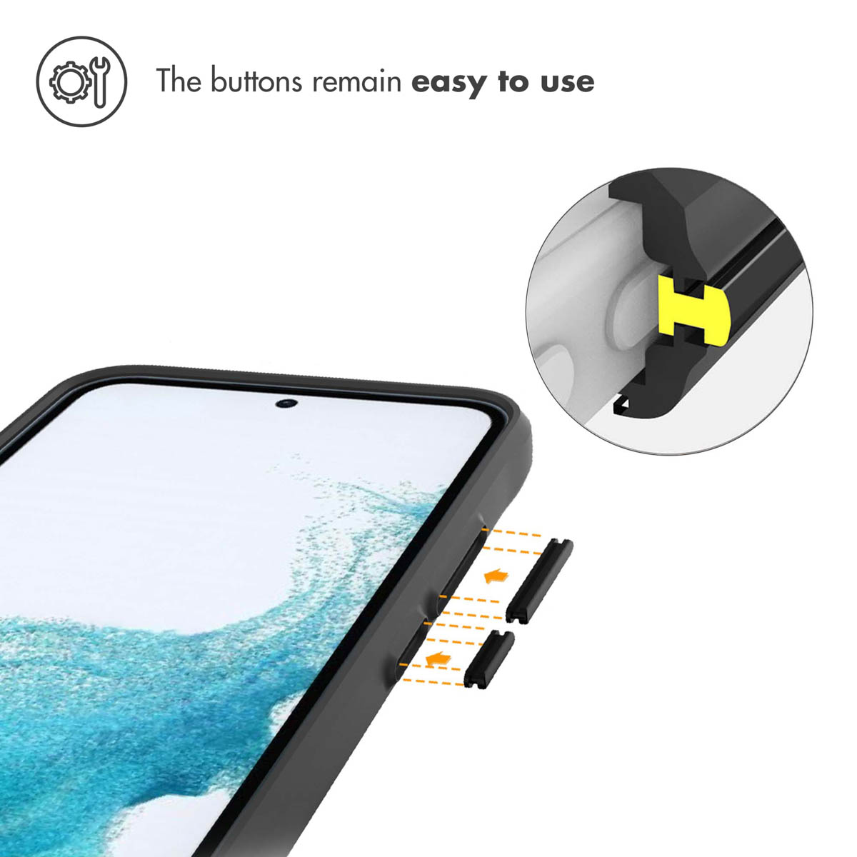 Smartphone dans une coque protectrice soulignant les boutons faciles et l'insert.