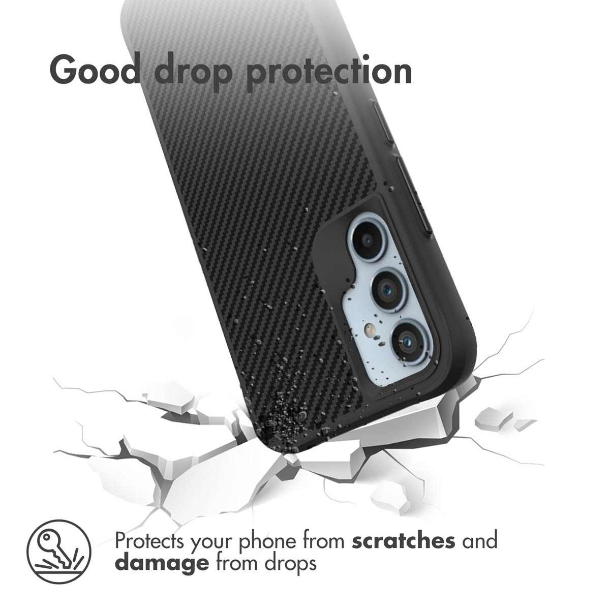 Un smartphone avec coque en carbone heurtant une surface blanche fissurée. Texte : Bonne protection.