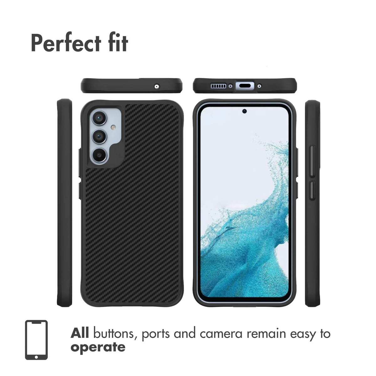 Coque de protection noire effet carbone pour smartphone, boutons et ports facilement accessibles.