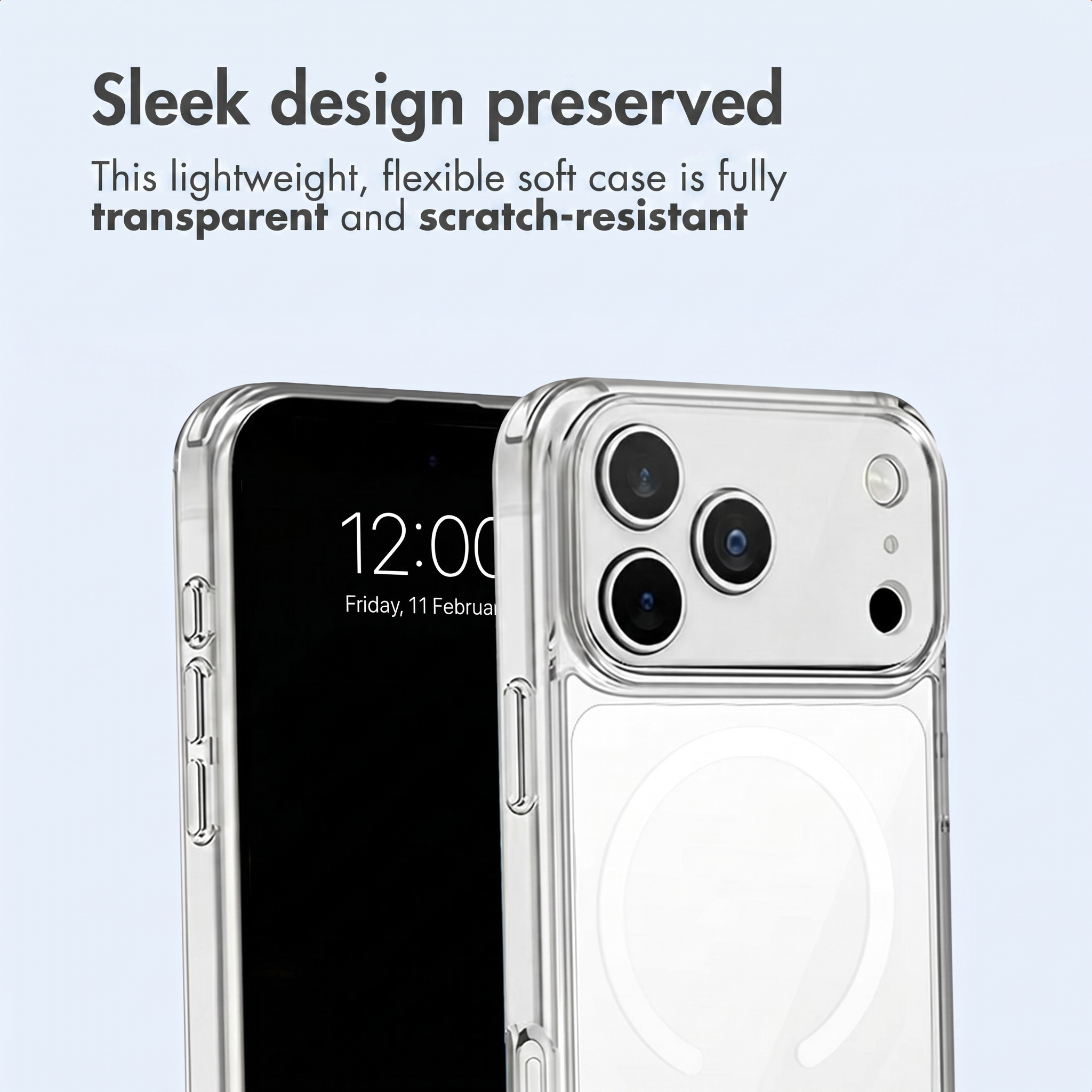 Un smartphone avec une coque de protection transparente, flexible et claire sur fond clair.