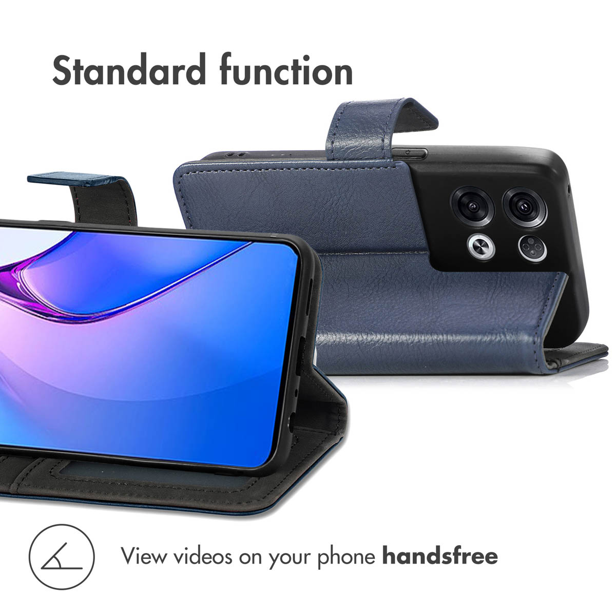 Ein Smartphone in einer blauen Leder-Klapphülle, von vorne und hinten als Ständer gezeigt.