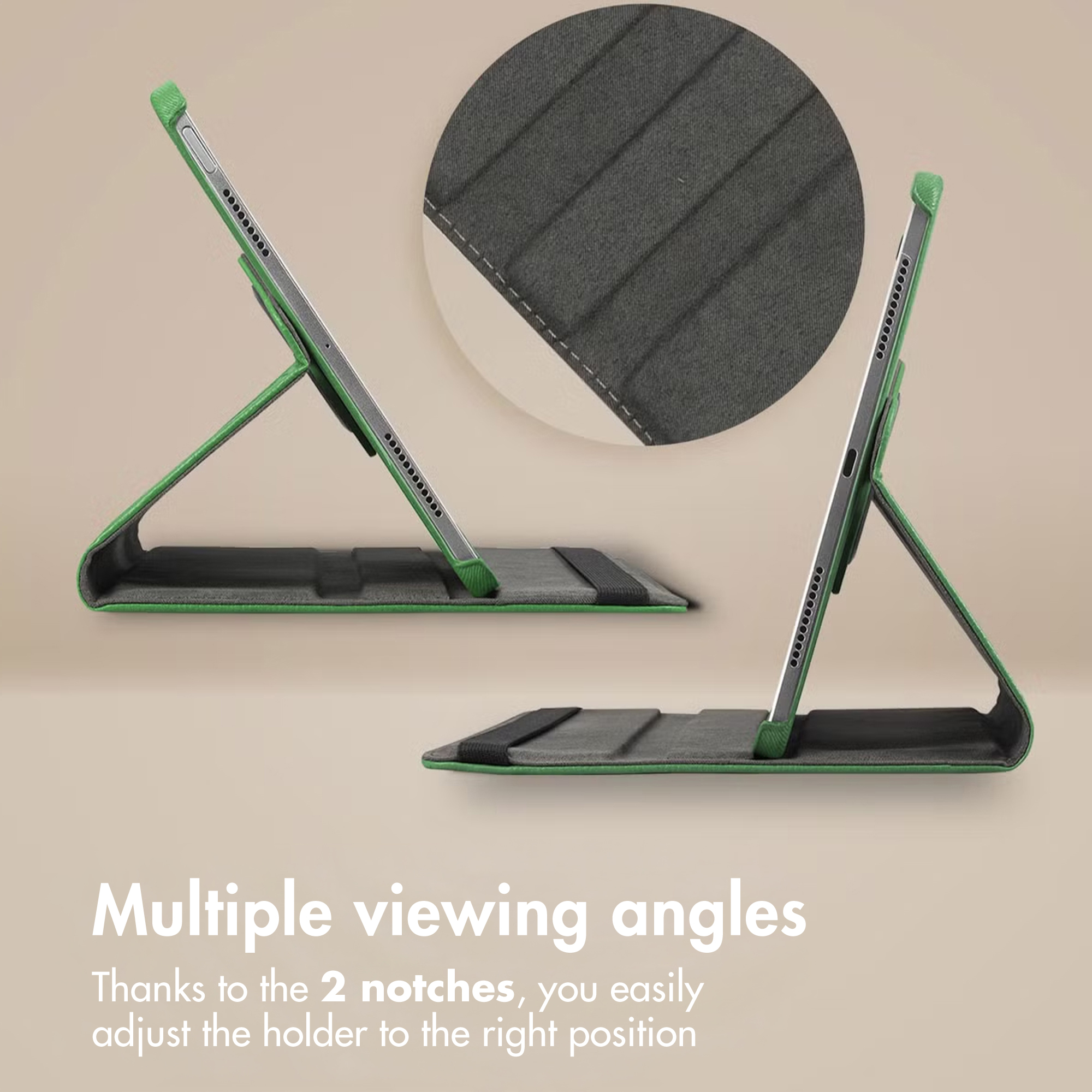 Un tablet si trova in una custodia verde con angoli di visione regolabili su uno sfondo beige.