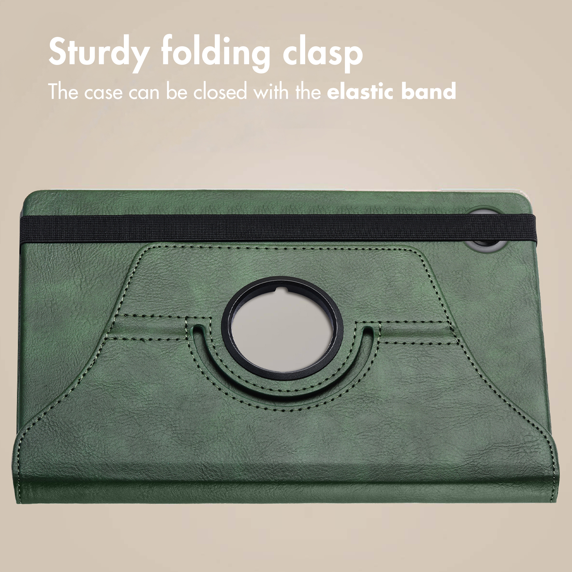 Custodia per tablet in ecopelle verde con fascia elastica nera e perno girevole centrale.