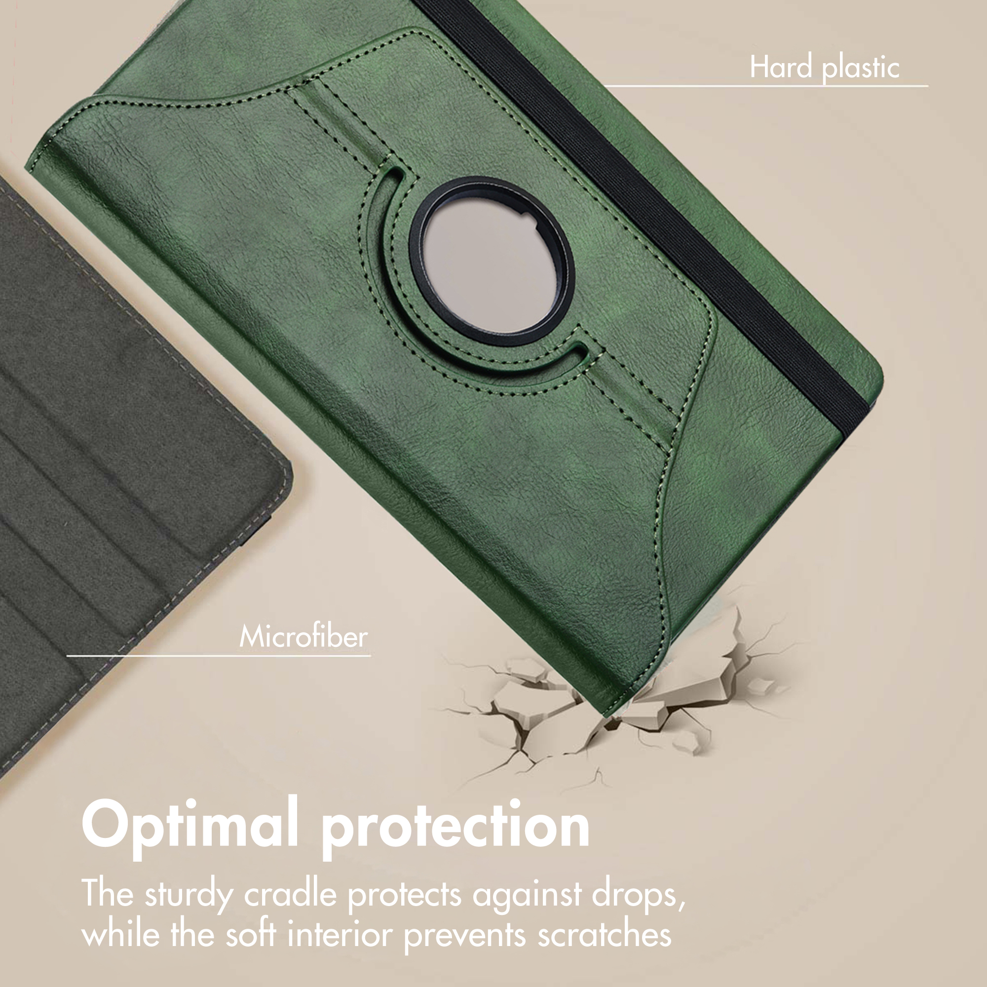 Custodia per tablet in pelle verde con retro in plastica rigida e interno in microfibra, con testo protettivo.