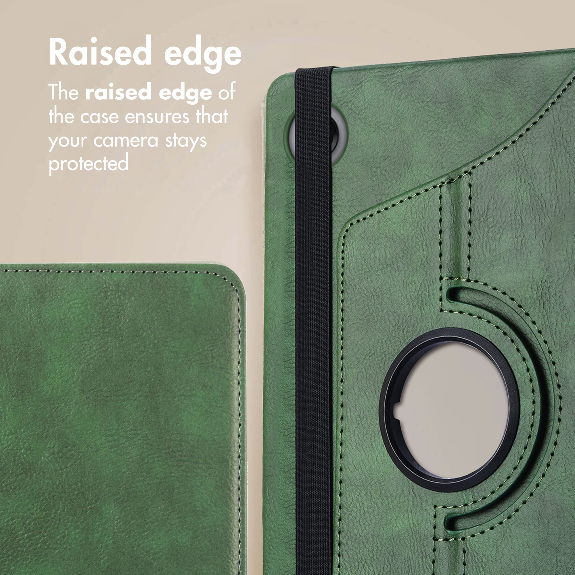 Primo piano di una custodia in pelle verde per tablet con elastico nero e ritaglio circolare, con testo Bordo rialzato.
