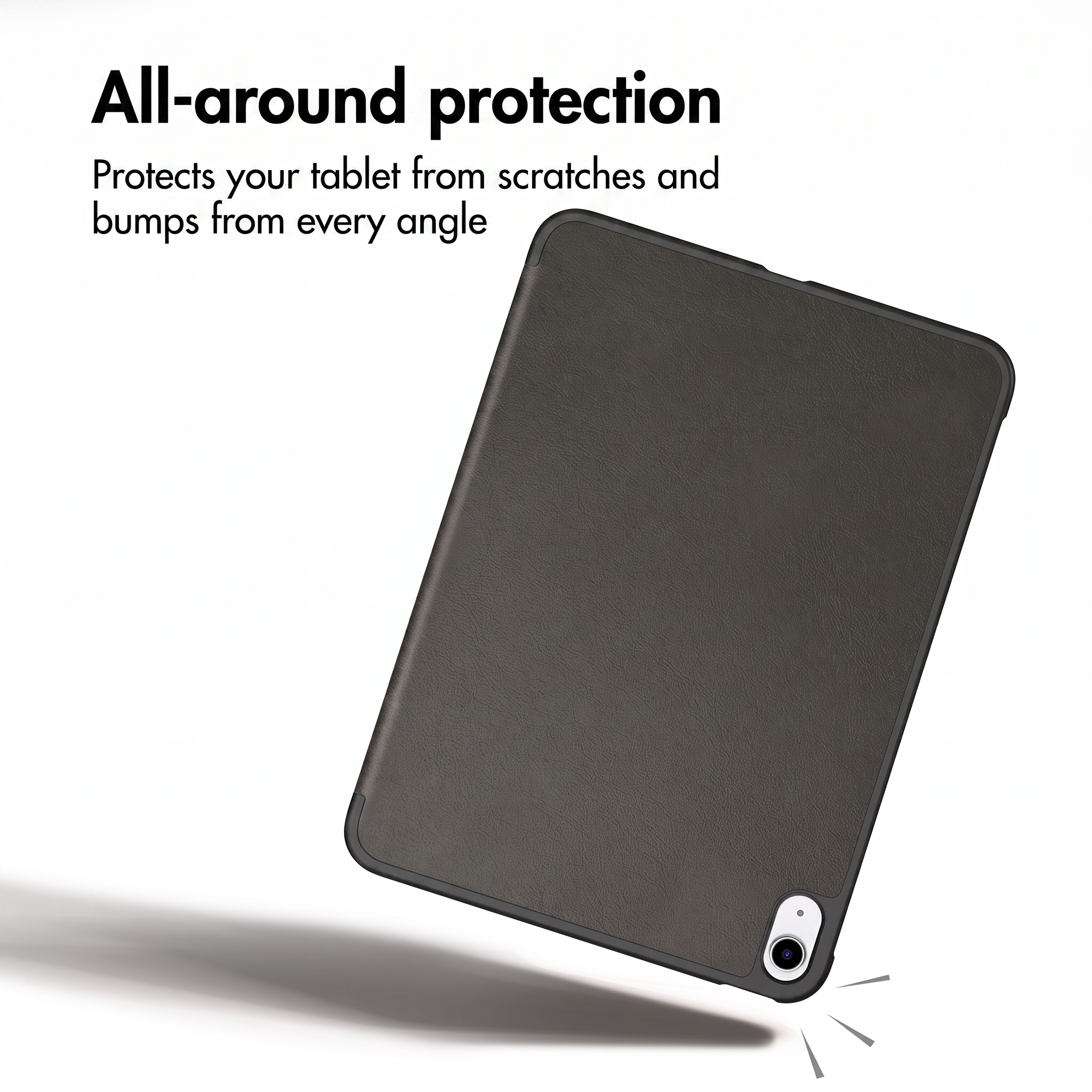 Un tablet grigio in una custodia protettiva fluttua su sfondo bianco. Il testo sopra menziona la protezione.