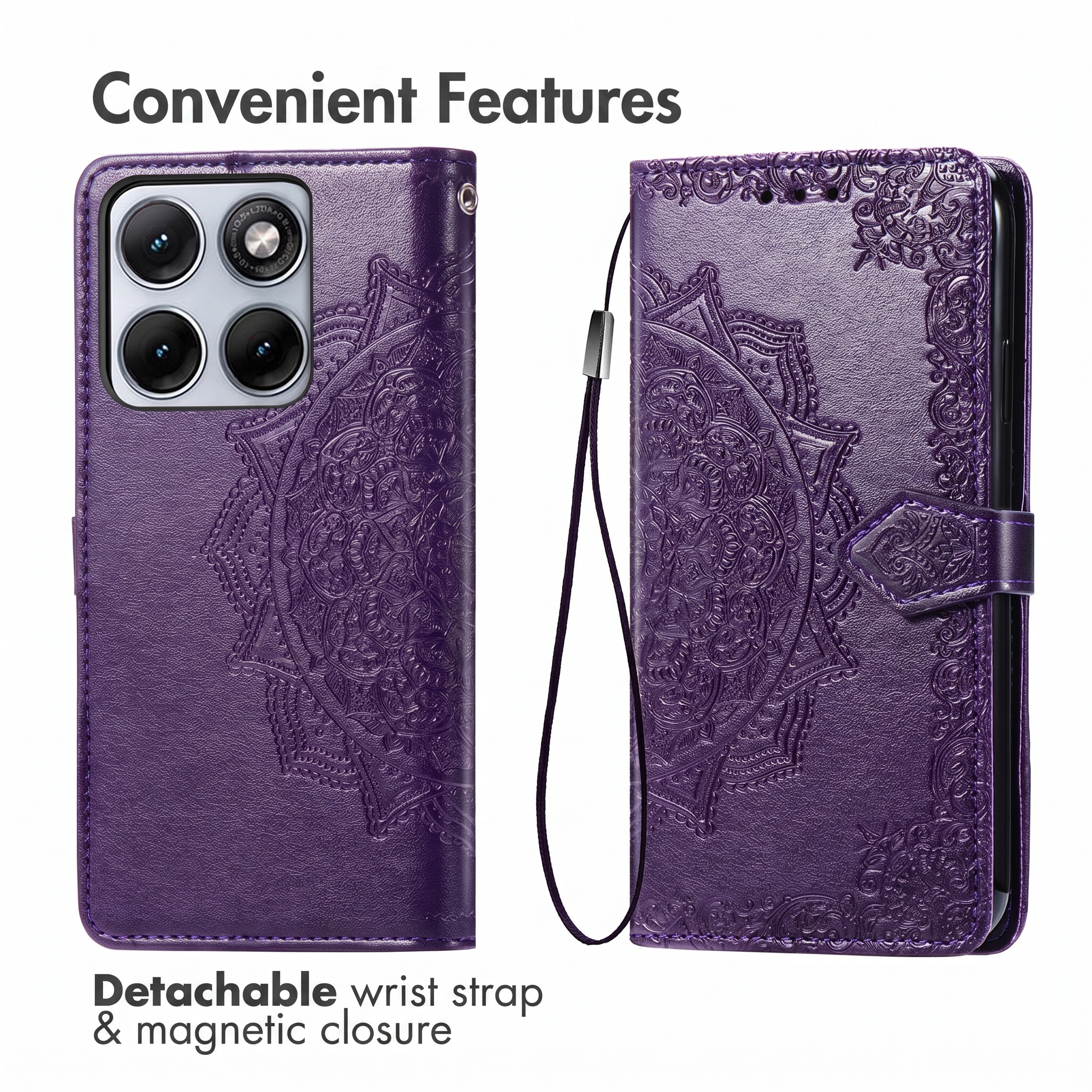 Funda de cuero morada en relieve con diseño de mándala, correa para la muñeca y cierre magnético sobre fondo blanco.