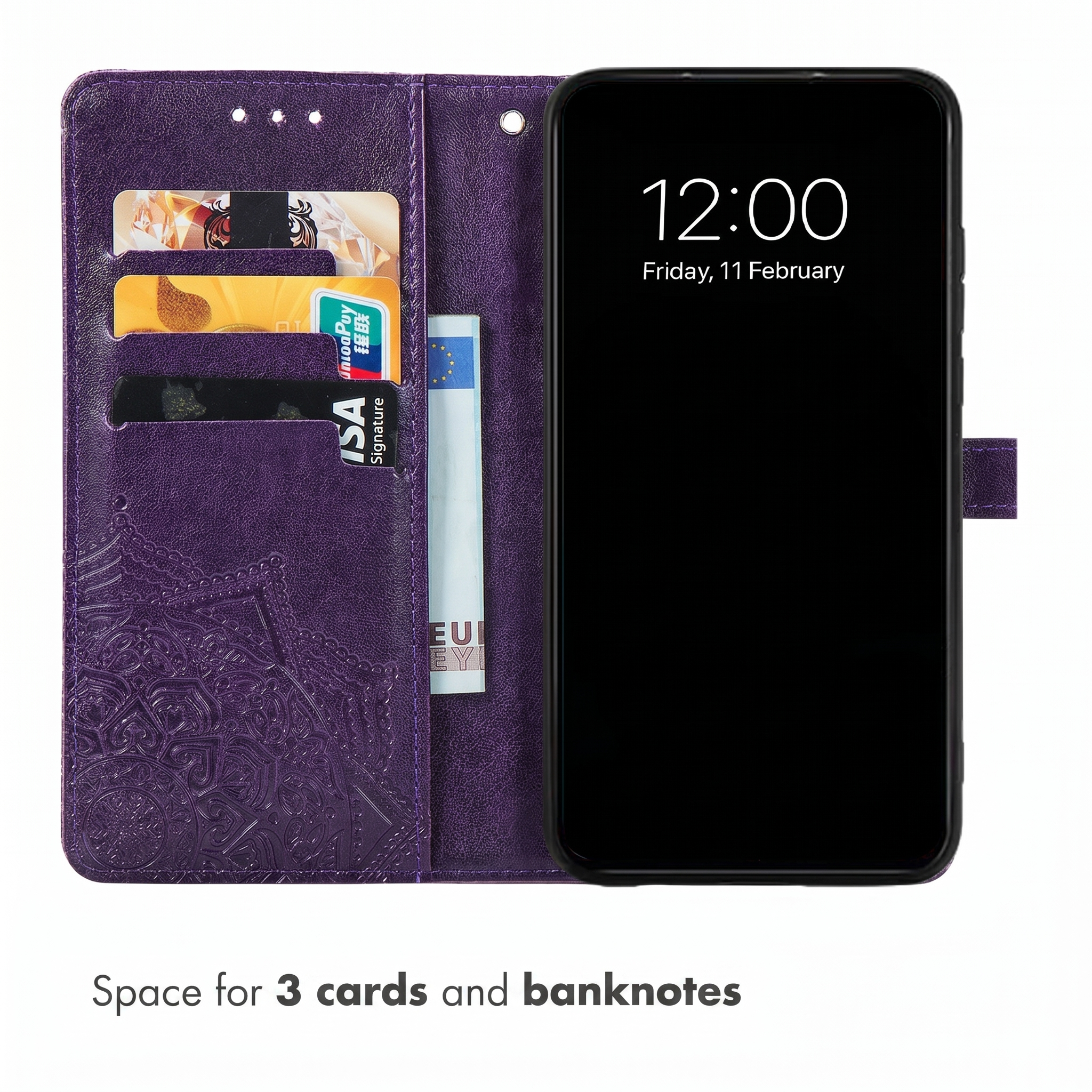 Fundadora de cuero morado con tarjeteros y un teléfono.