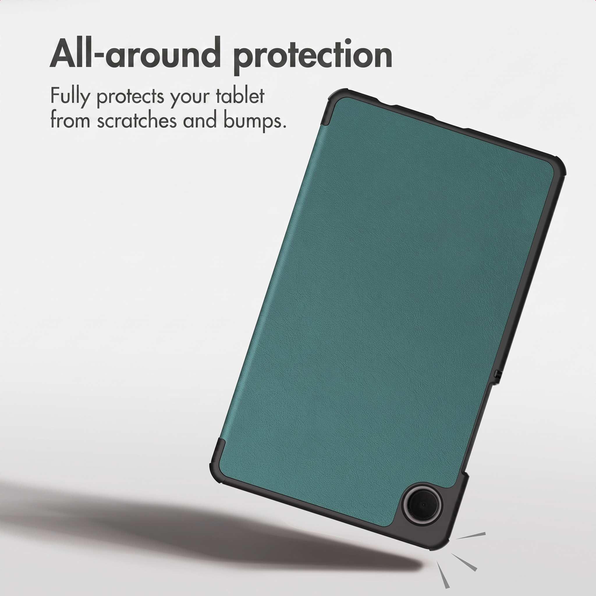 Green protective tablet case with a black frame on a light background.
