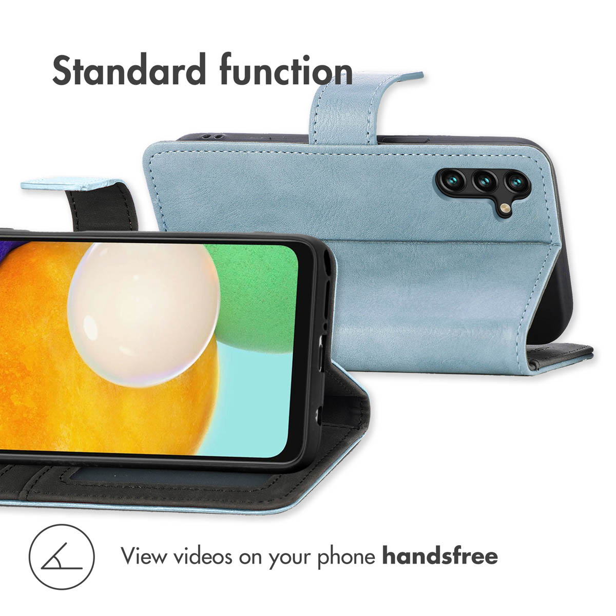 Un étui de téléphone en cuir bleu clair avec fonction support tenant un smartphone affichant un fond d'écran coloré.