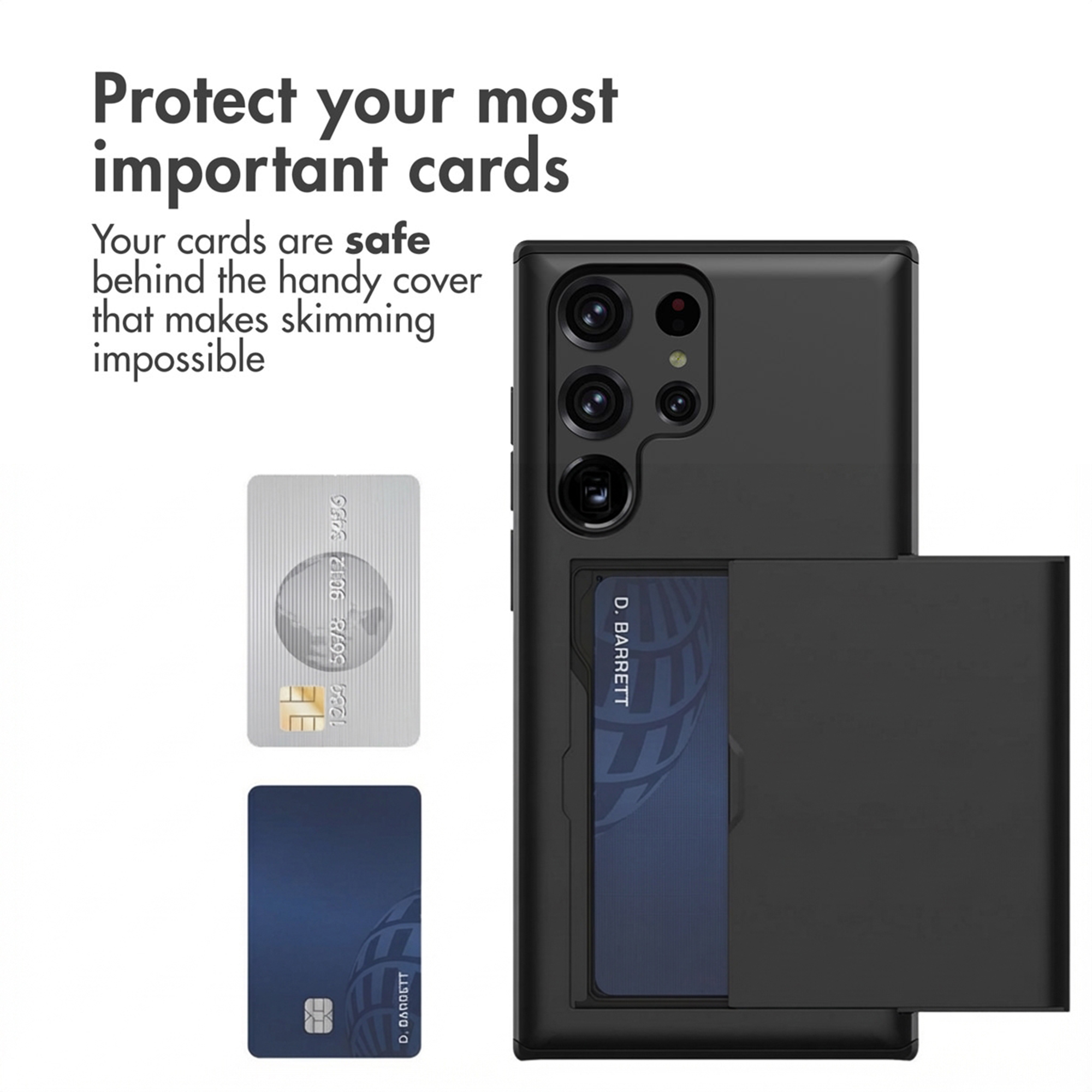 Une coque de téléphone noire avec porte-cartes et texte promotionnel à gauche.