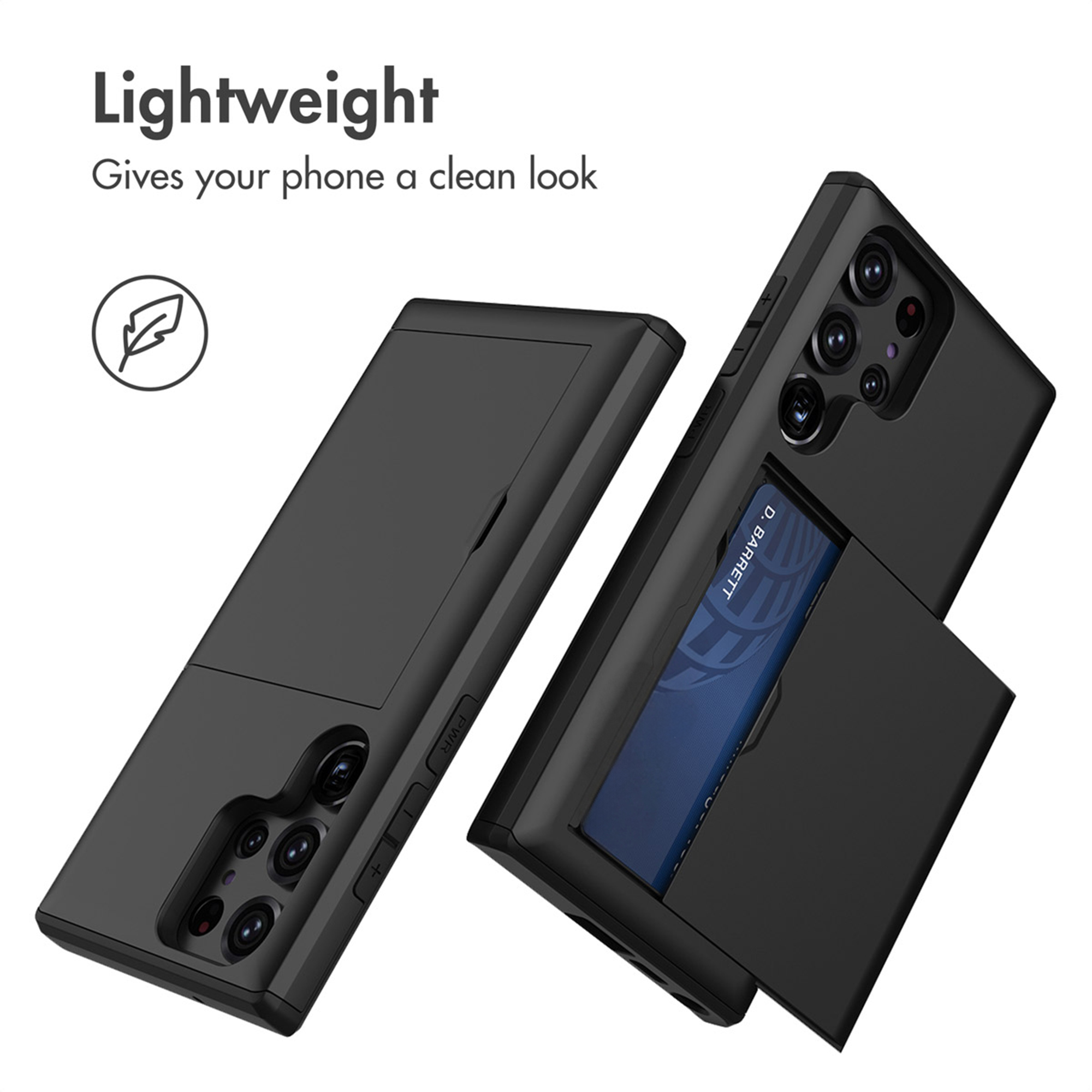 Coque de smartphone noire légère avec porte-cartes à l'arrière et texte en haut.