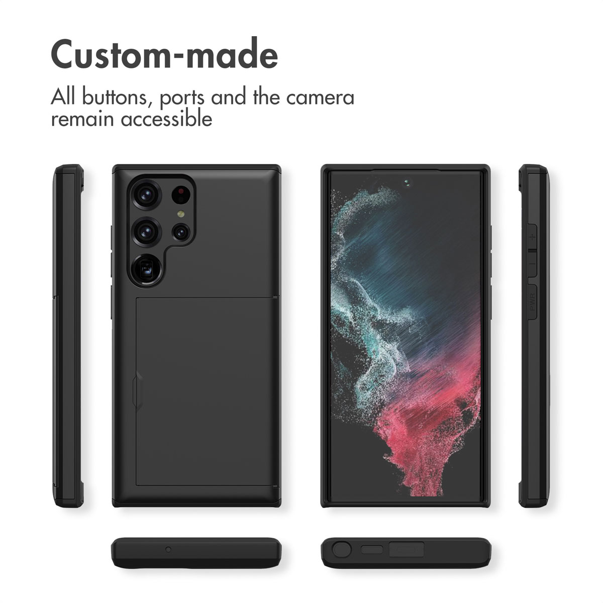 Coque de téléphone noire avec porte-cartes montre les vues avant, arrière et latérales avec boutons accessibles.