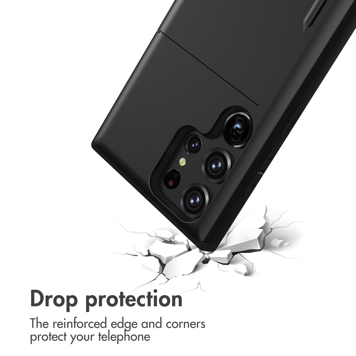 Un smartphone noir dans une coque de protection est placé au-dessus d'une surface blanche fissurée.