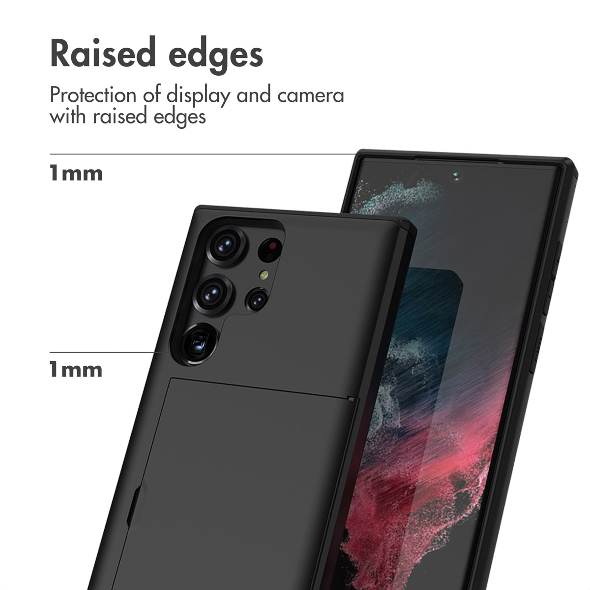 Une coque de smartphone noire avec des bords surélevés de 1 mm pour protéger l'écran et l'appareil photo.