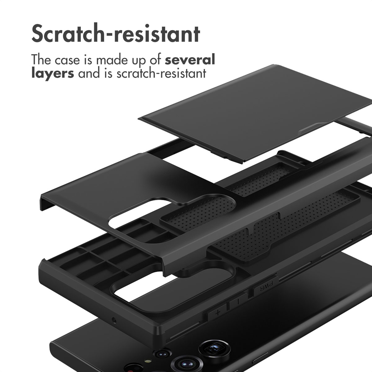 Vue éclatée d'une coque de téléphone noire multicouche et résistante aux rayures.