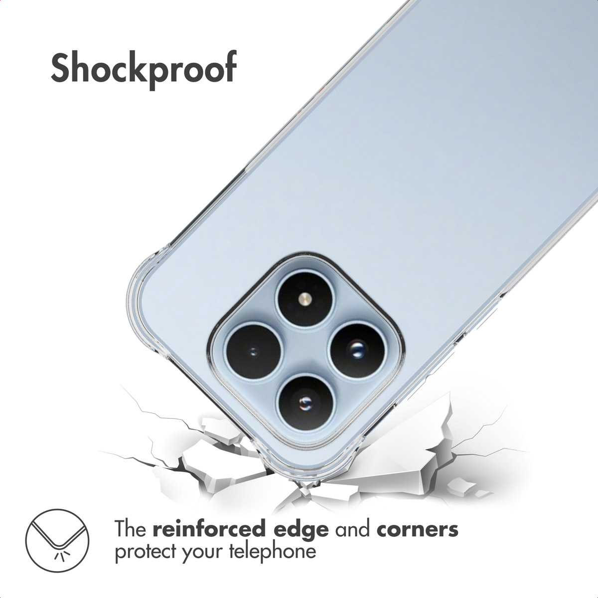 Una funda de móvil con cuatro lentes de cámara y texto Shockproof sobre un fondo agrietado.