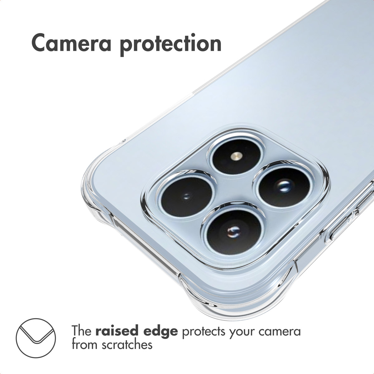Primer plano de un smartphone en funda transparente resaltando protección.