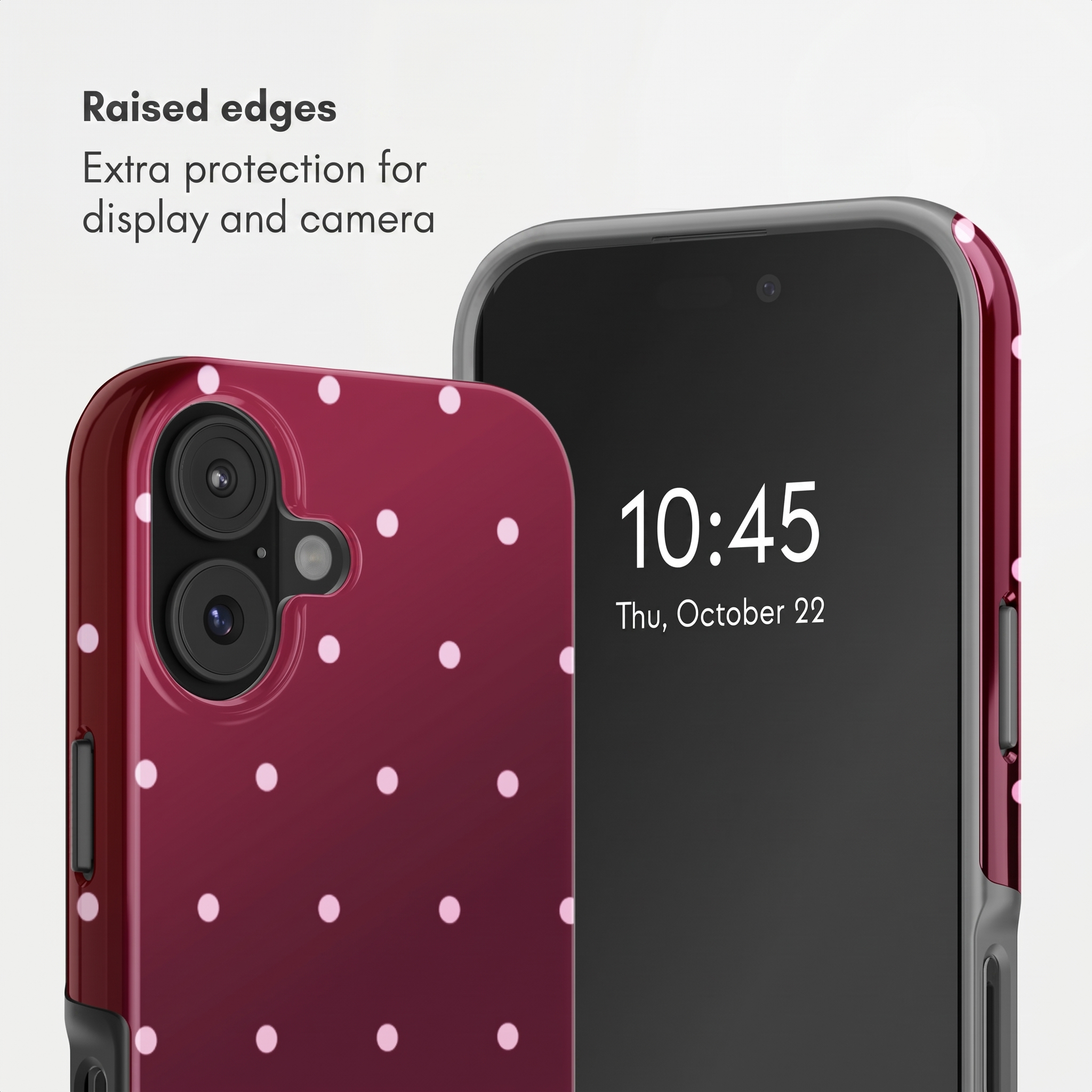Ein weinrotes Smartphone-Cover mit rosafarbenen Punkten und erhöhtem Schutzrand für Display und Kamera.