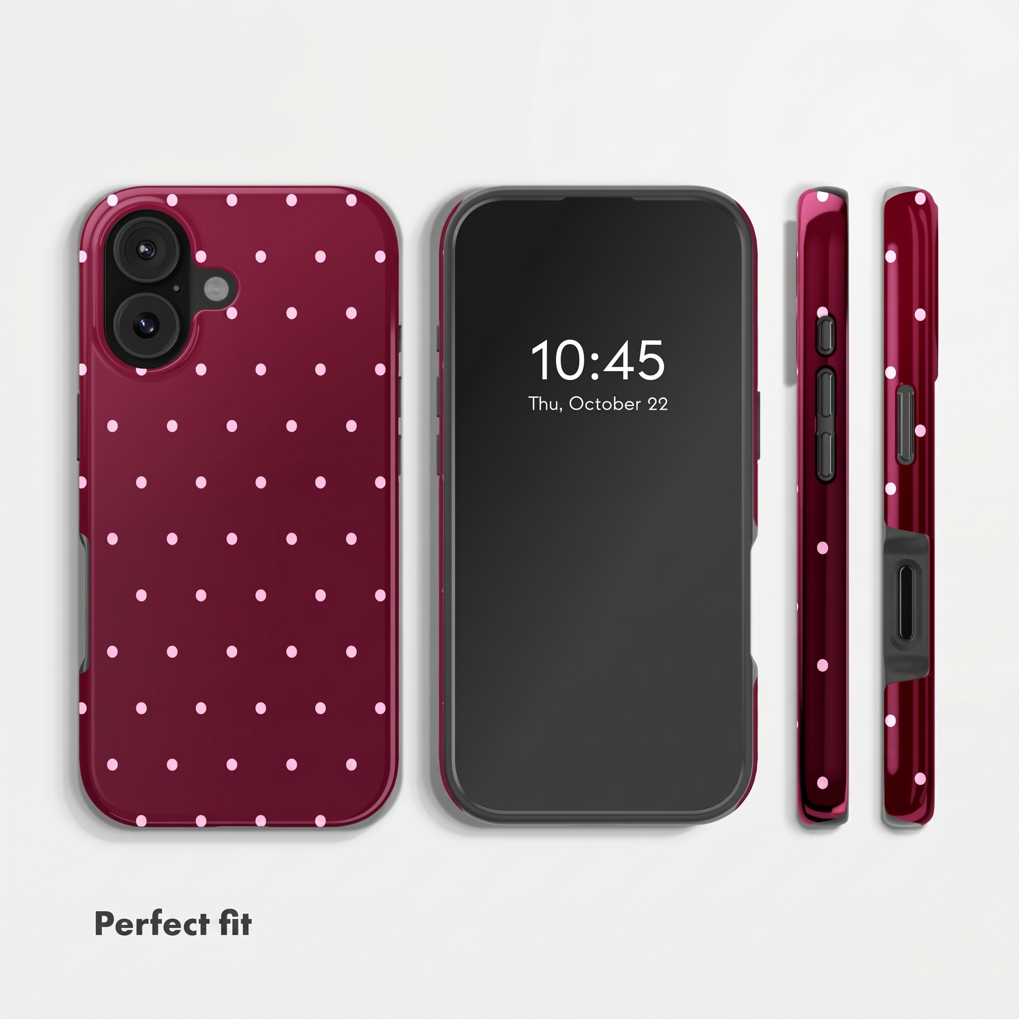 Dunkelrote Schutzhülle mit weißen Punkten für ein Smartphone, gezeigt aus mehreren Blickwinkeln mit Text 'Perfect fit'.