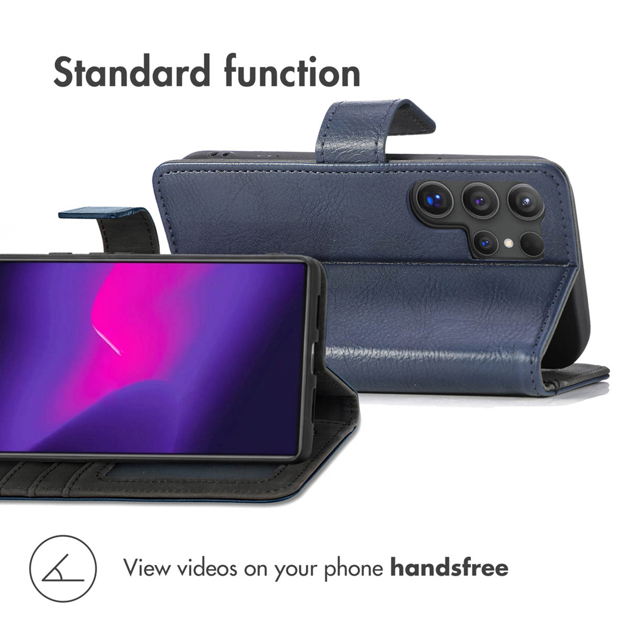 Una custodia per telefono in pelle blu con uno smartphone dallo schermo viola, vista frontale e posteriore.