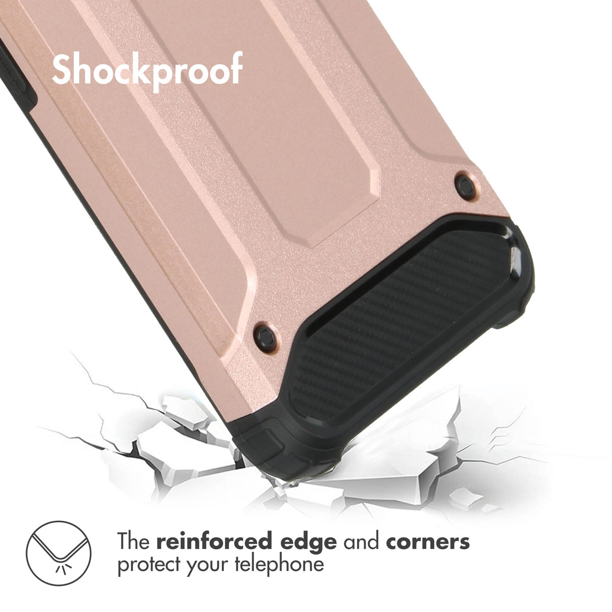 Une coque de téléphone antichoc or rose et noir protégeant des chocs, avec du texte sur les bords renforcés.