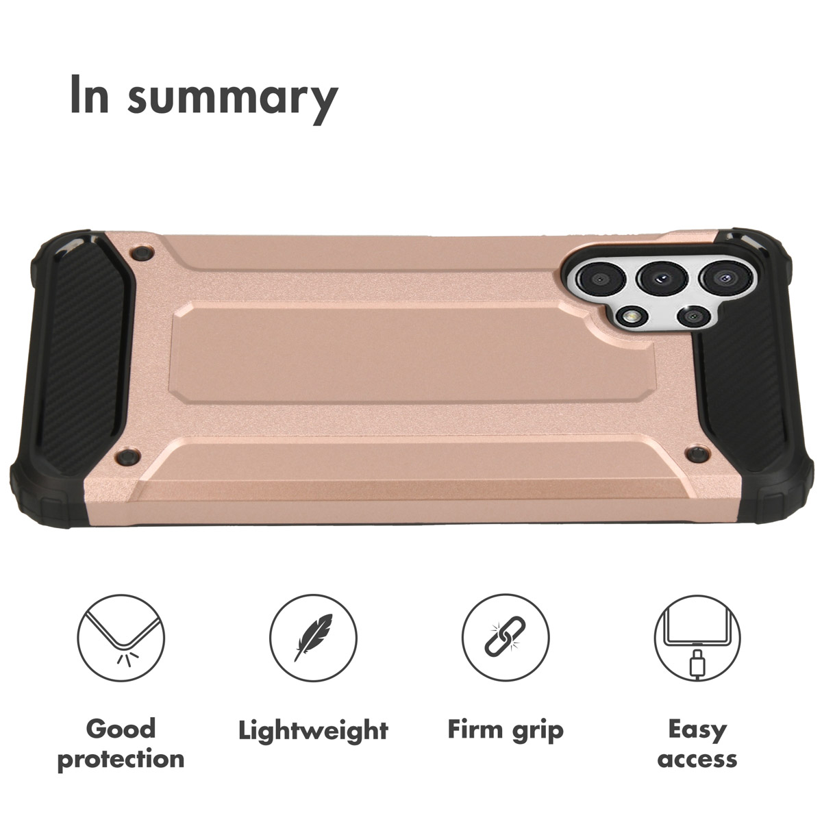Une coque de téléphone or rose avec des accents noirs, une découpe pour appareil photo et du texte sur la protection.