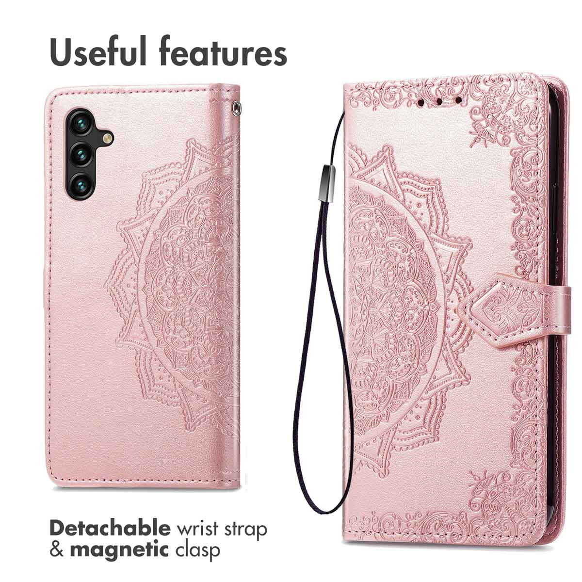 Funda de teléfono rosa con patrón de mandala, correa y cierre magnético.