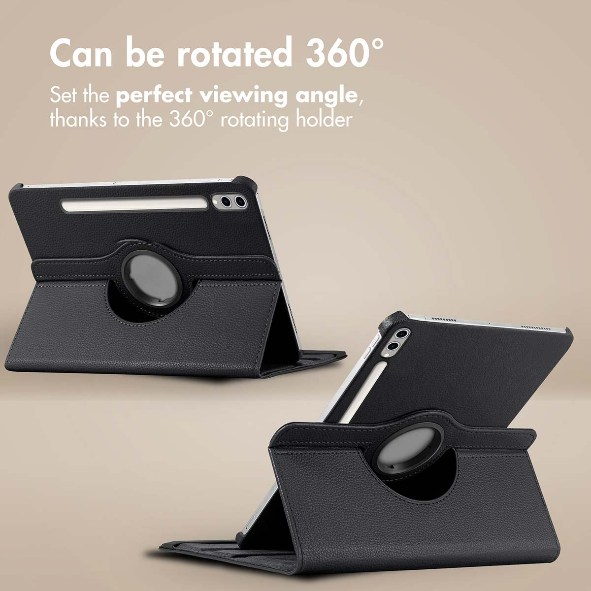 Two black tablet cases with a 360-degree rotating feature shown against a neutral background.