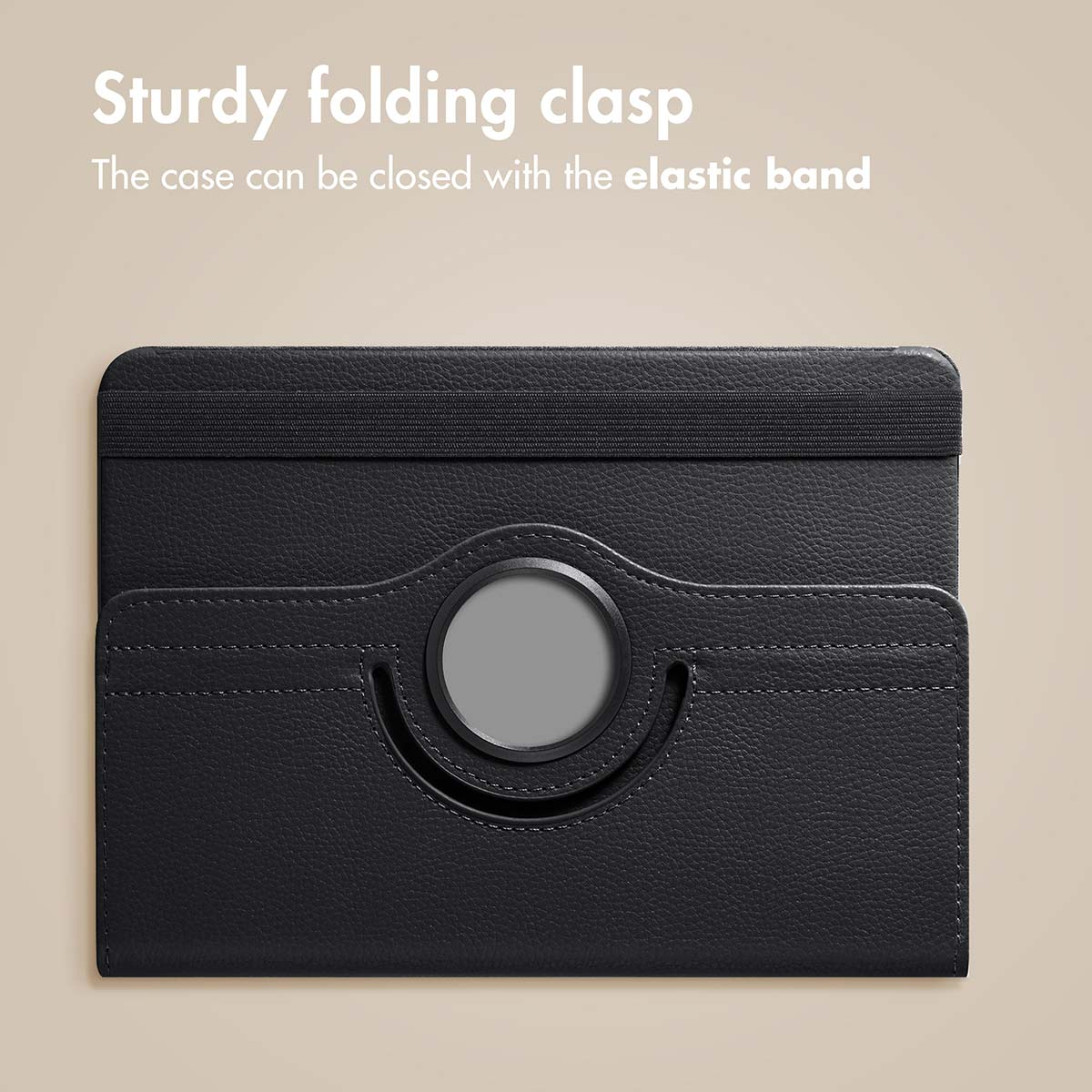 Black leather tablet case with round stand and elastic band.