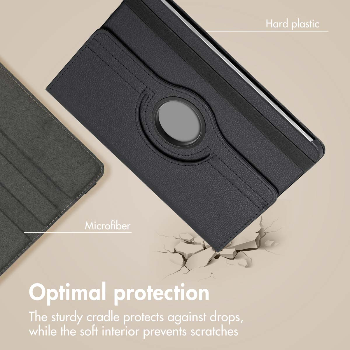 A black tablet case with a rotating stand on the back, labeled Hard plastic and Microfiber.