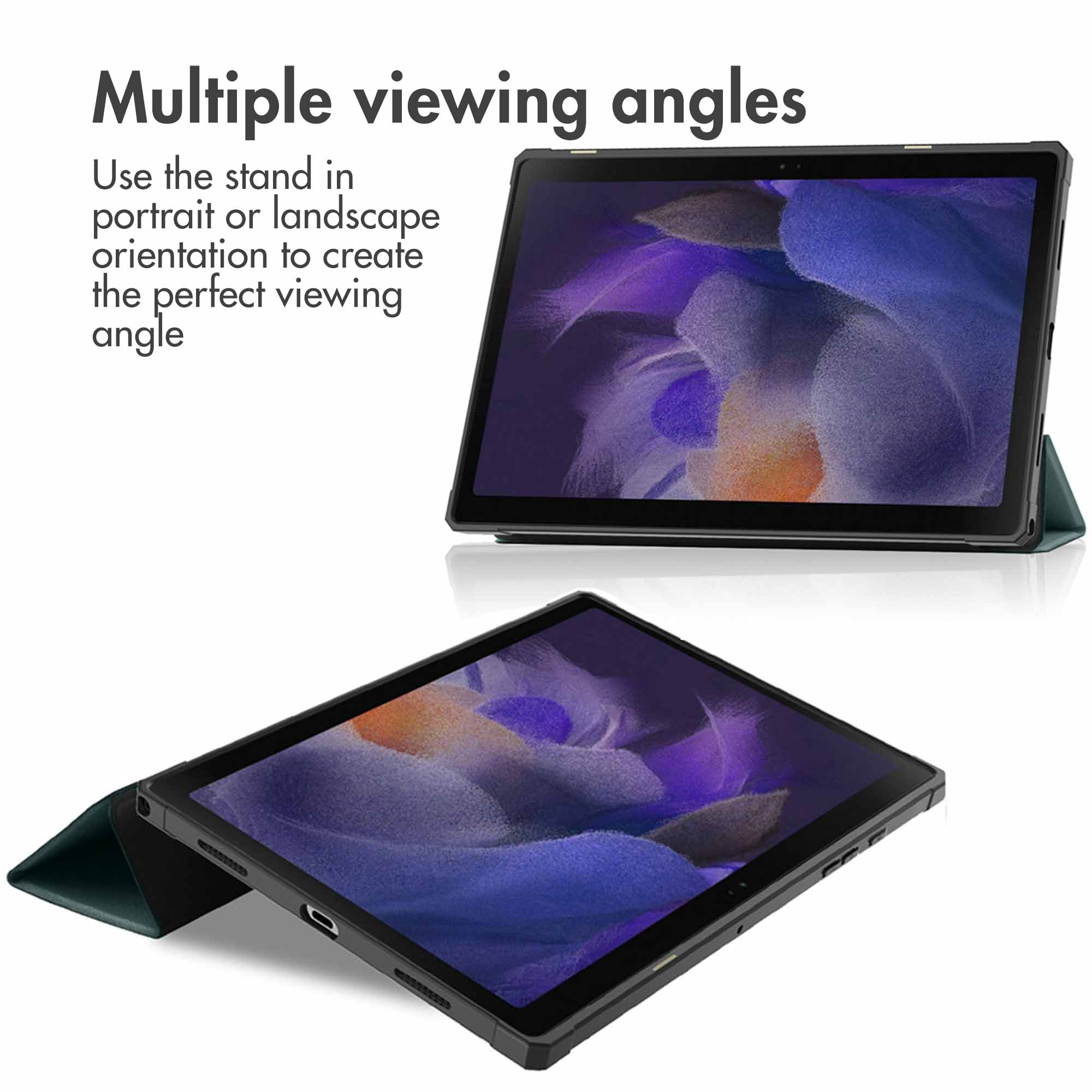 A black tablet in a green case, shown in portrait and landscape orientations for multiple viewing angles.